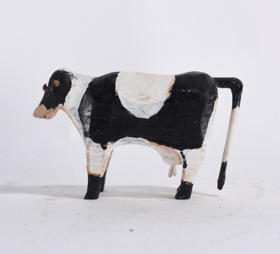 Denzil Goodpasture Folk Art Carved Cow: 4"x7" --folk art carved wood and paint by Denzil Goodpasture. (b. 1908 - d. 1995) Kentucky. please see photos for condition. All items are in estate condition We do offer in house shipping for items