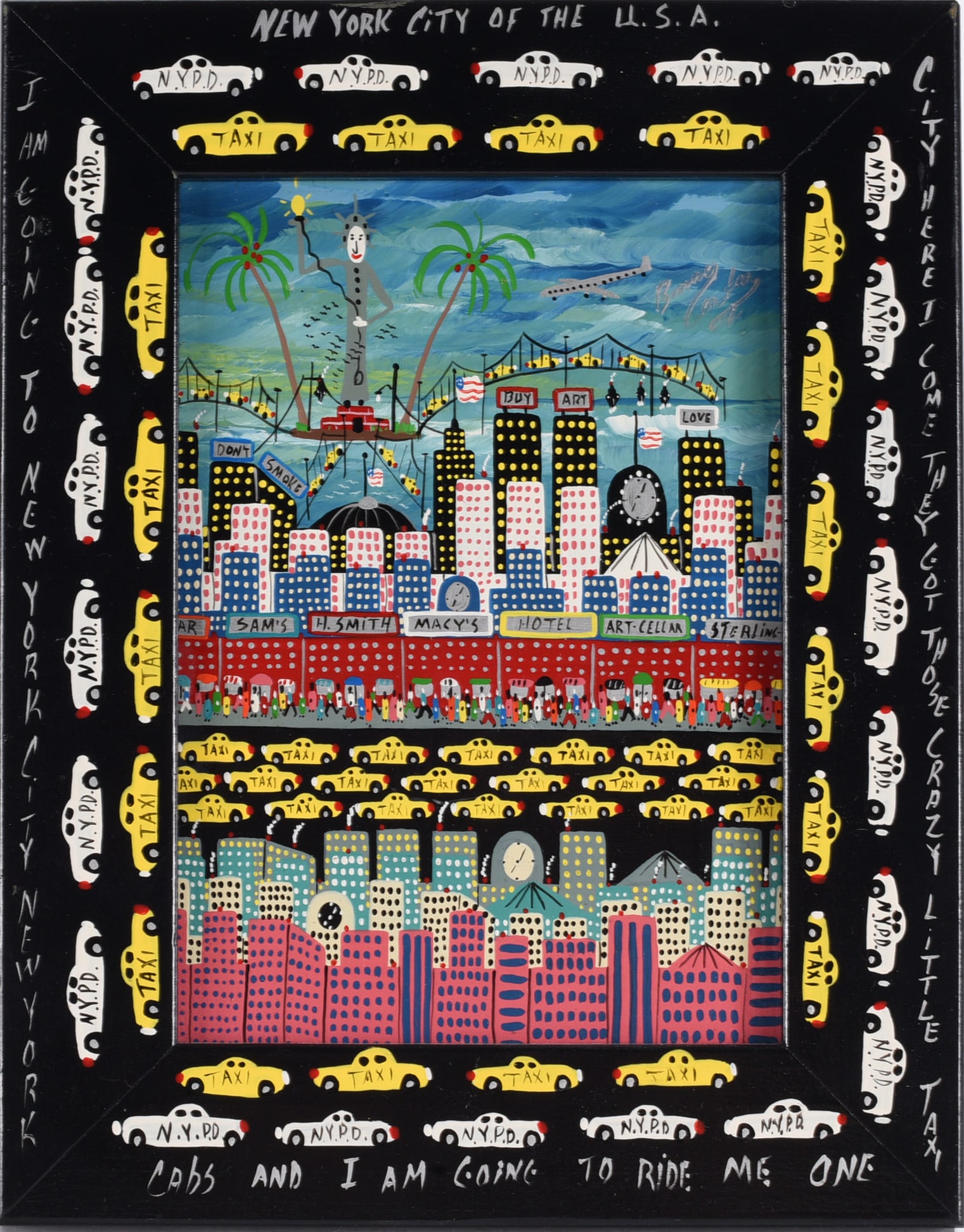 Benny Carter Folk Art Painting: 8"x10" --a wonderful New York City painting by Benny Carter ca. 1998. Signed upper right. please see photos for condition. All items are in estate condition We do offer in house shipping for items und