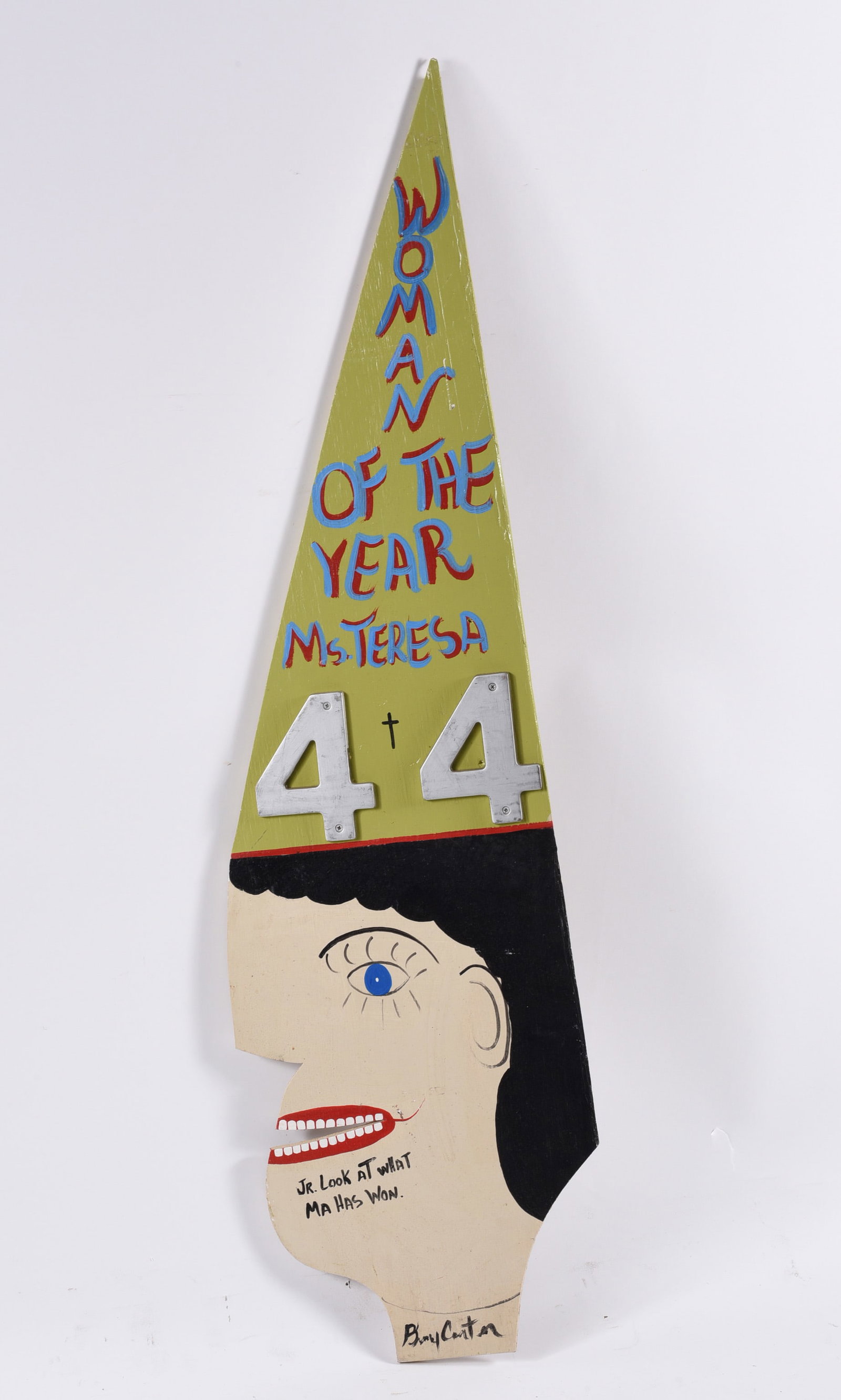 Painted Cutout by Benny Carter: 12"x44" -- cut out wood and paint by Benny Carter. please see photos for condition. All items are in estate condition We do offer in house shipping for items under 36" boxes 10"x10"x10" we can ship fo