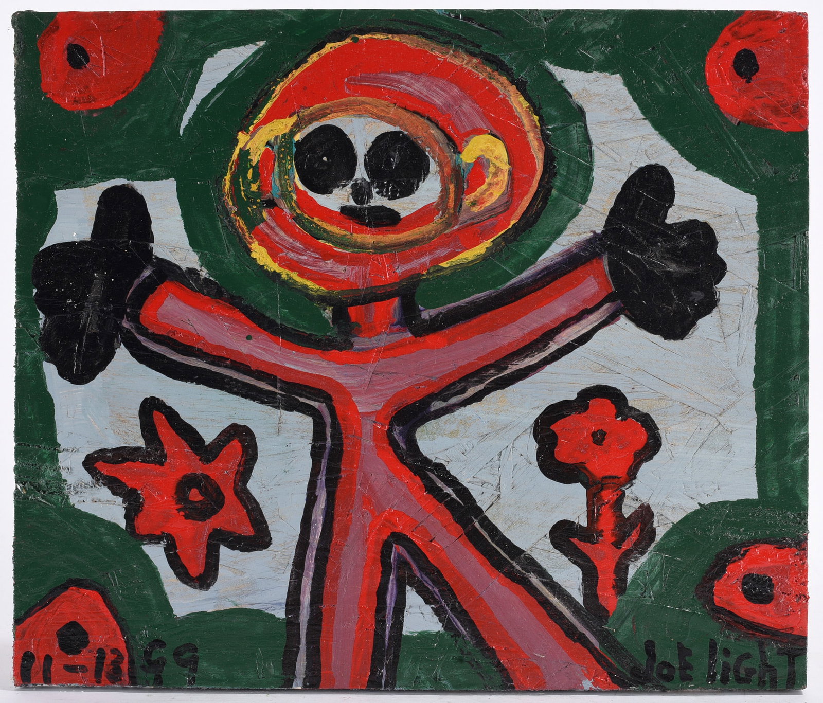 Joe Light Folk Art Painting: 13"x11" --paint on wood board signed lower right dated 1999. please see photos for condition. All items are in estate condition We do offer in house shipping for items under 36" boxes 10"x10"x10" we c