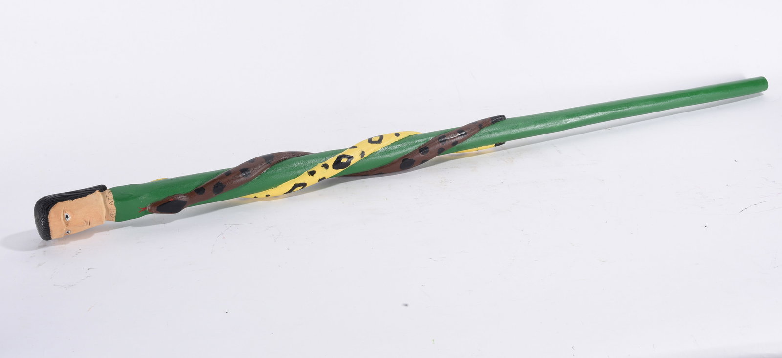 Ernest Patton Folk Art Cane: 39 "-- carved wood and paint, signed in pencil around neck. please see photos for condition. All items are in estate condition We do offer in house shipping for items under 36" boxes 10"x10"x10" we ca