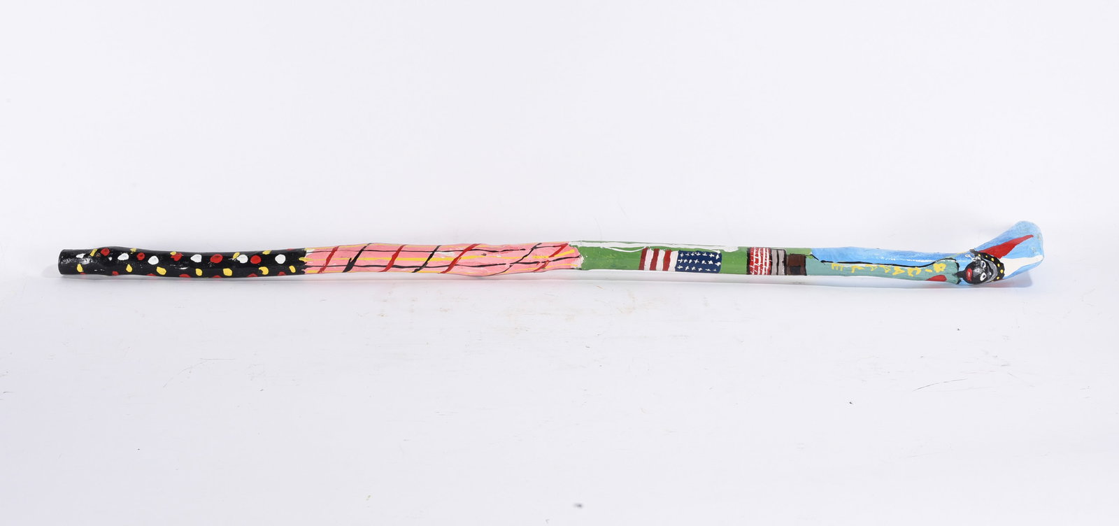 Sam the Dot Man Folk Art Cane: 35" --wooden cane painted by Sam McMillan aka Sam The Dot Man. please see photos for condition. All items are in estate condition We do offer in house shipping for items under 36" boxes 10"x10"x10" we