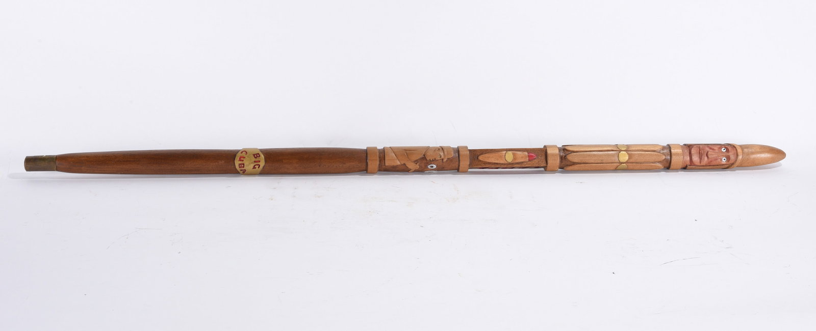 Carved Folk Art Cane: 37" -- carved cane with stain. please see photos for condition. All items are in estate condition We do offer in house shipping for items under 36" boxes 10"x10"x10" we can ship for around $21. boxes 
