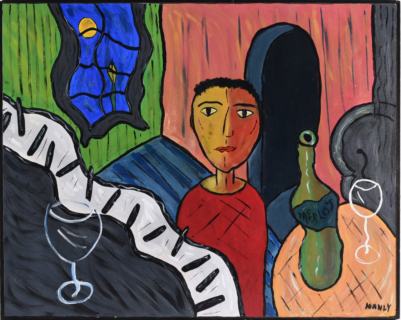 Michael Manly Painting: 29"x33" --paint on canvas. Signed lower right. Acrylic. Titled Full Moon Café. please see photos for condition. All items are in estate condition We do offer in house shipping for items under 36" box