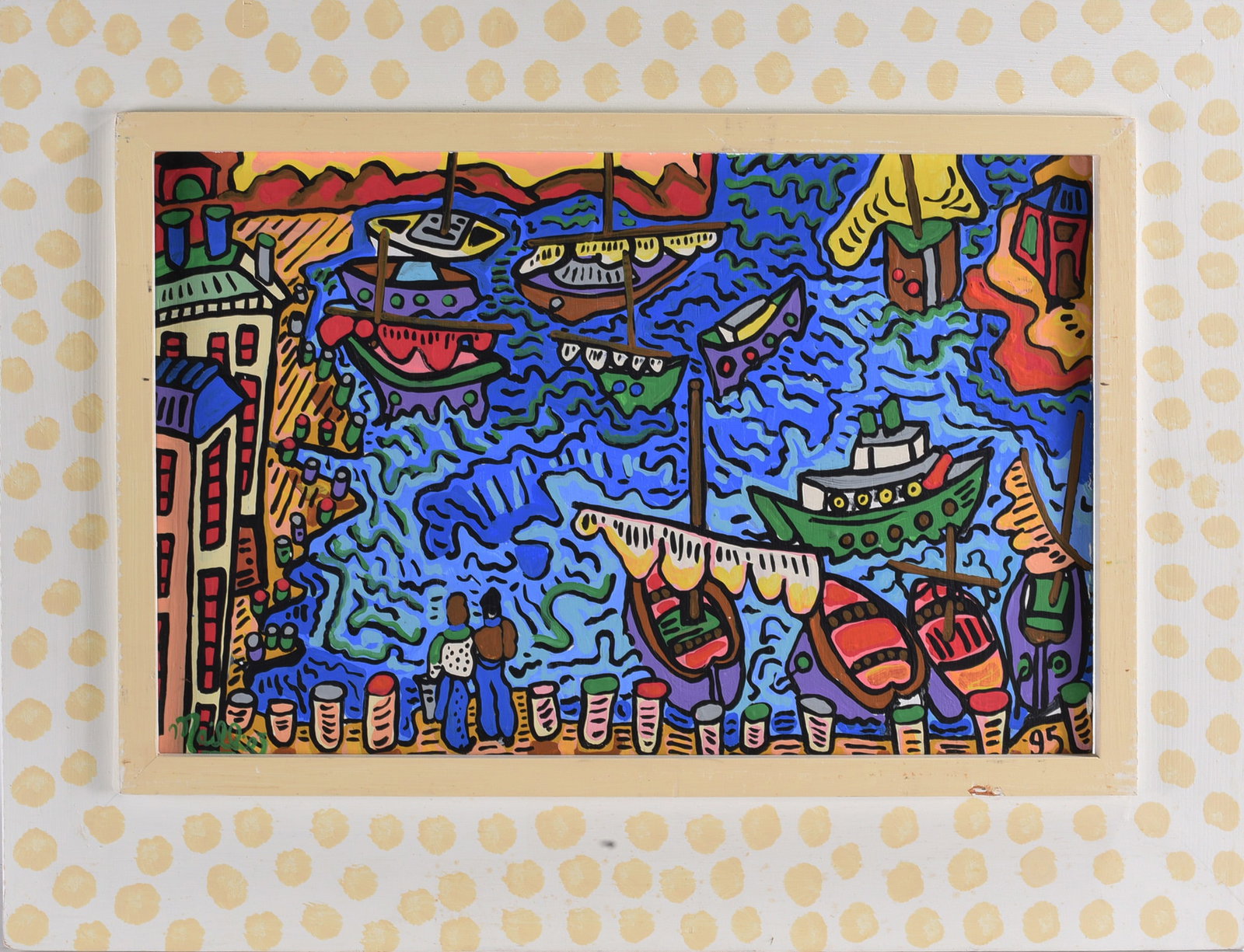 Myles McIntyre Maillie Painting: 28"x21" --paint on wood board. Signed lower left. Dated 1995. Labled on back. please see photos for condition. All items are in estate condition We do offer in house shipping for items under 36" boxes