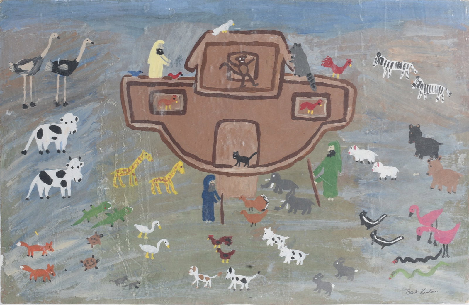 Barb Keeton Folk Art Painting: Image 22"x14" - Framed to 22"x18" ---- painting on board. Signed lower right. please see photos for condition. All items are in estate condition We do offer in house shipping for items under 36" boxes