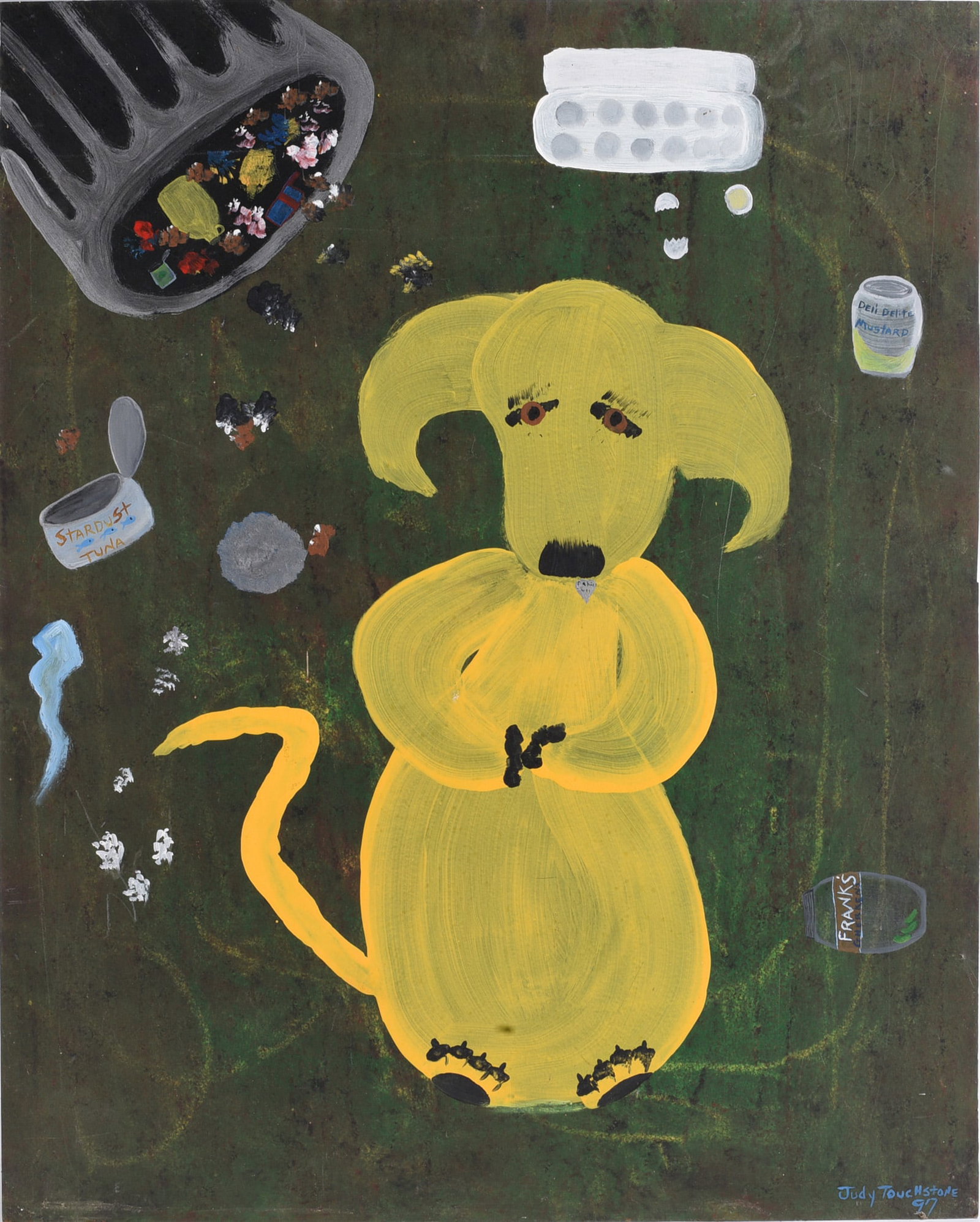 Judy Touchstone Folk Painting: 24"x30" -- signed on bottom right. Dated 1997. please see photos for condition. All items are in estate condition We do offer in house shipping for items under 36" boxes 10"x10"x10" we can ship for ar