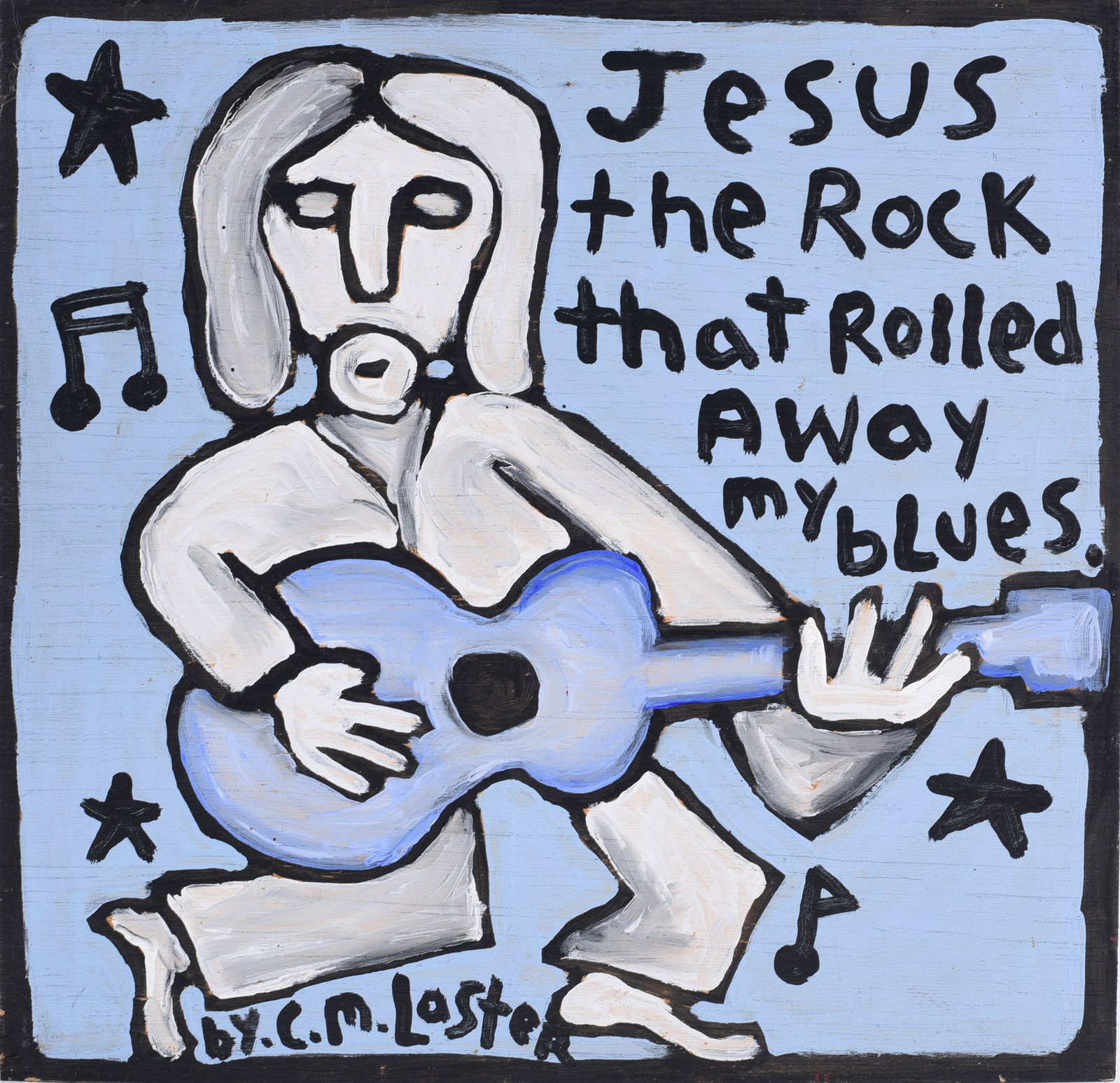 CM Laster Folk Art Painting: 12"x11" -- painting by CM and Grace Kelly Laster. Titled Jesus The Rock. please see photos for condition. All items are in estate condition We do offer in house shipping for items under 36" boxes 10"x