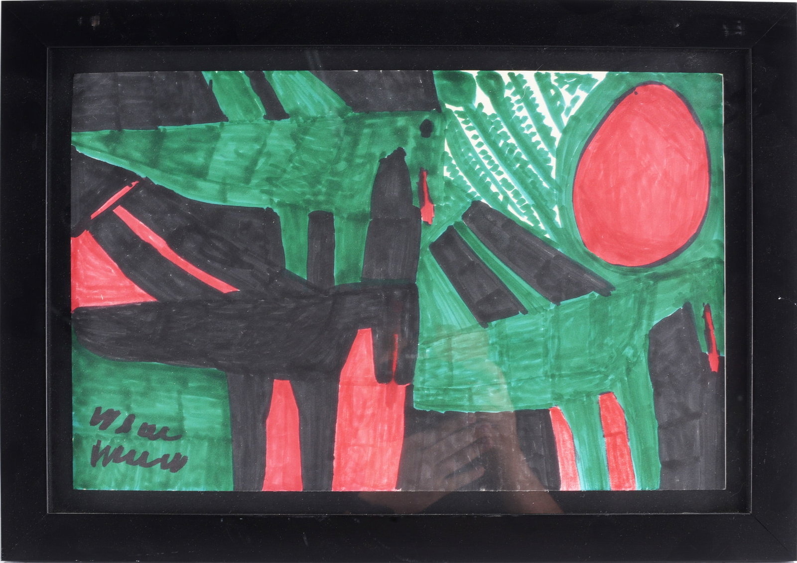 Willie White Folk Art Drawing: 19"x14" --mixed media on paper, framed. Signed lower left. please see photos for condition. All items are in estate condition We do offer in house shipping for items under 36" boxes 10"x10"x10" we can