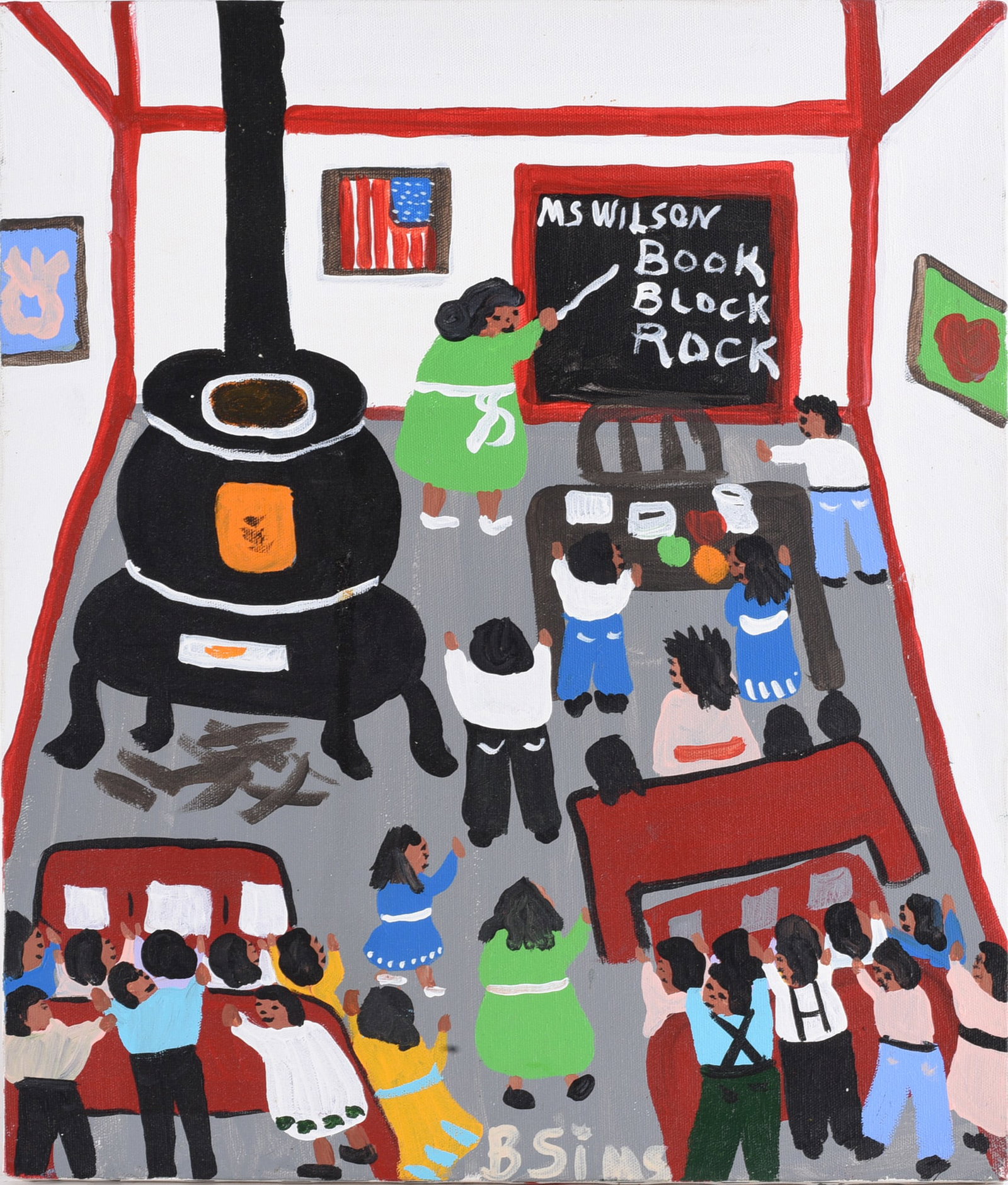 Bernice Sims Folk Art Painting: 16"x20" -- paint on canvas, school room. Signed lower middle. please see photos for condition. All items are in estate condition We do offer in house shipping for items under 36" boxes 10"x10"x10" we 