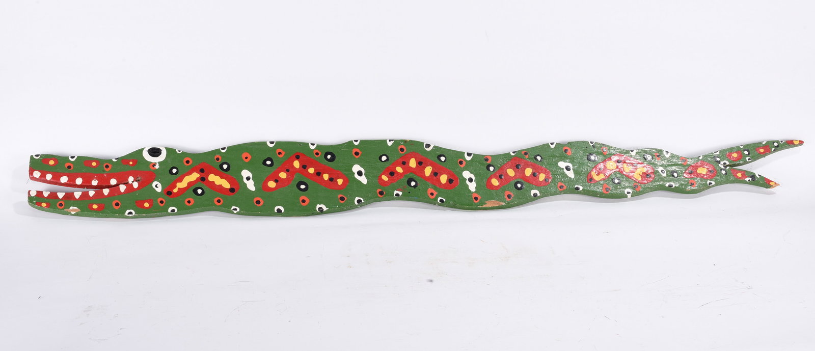 Bebo Folk Art Snake: 46"x4" cut wood and paint. please see photos for condition. All items are in estate condition We do offer in house shipping for items under 36" boxes 10"x10"x10" we can ship for around $21. boxes 18x1