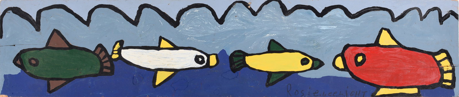 Rosie Lee Light Folk Art Painting: 35"x7" -- painting on wood board, signed on bottom. please see photos for condition. All items are in estate condition We do offer in house shipping for items under 36" boxes 10"x10"x10" we can ship f