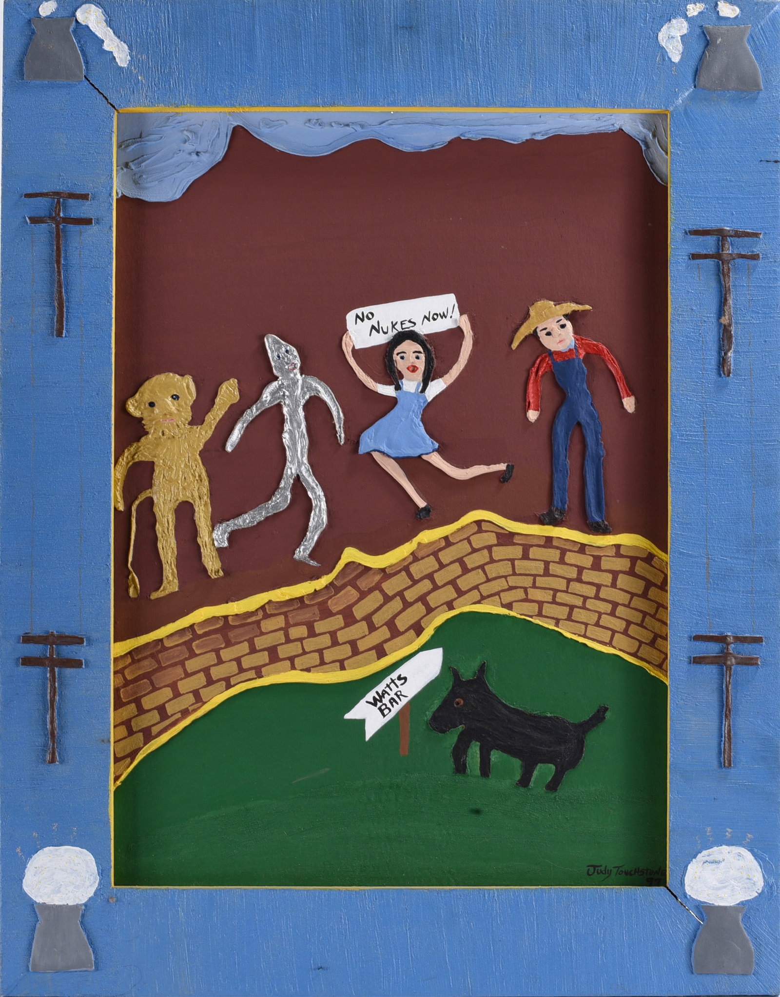 Judy Touchstone Folk Painting: 19"x25" --paint on cardboard, framed. Signed lower right. 1997 please see photos for condition. All items are in estate condition We do offer in house shipping for items under 36" boxes 10"x10"x10" we