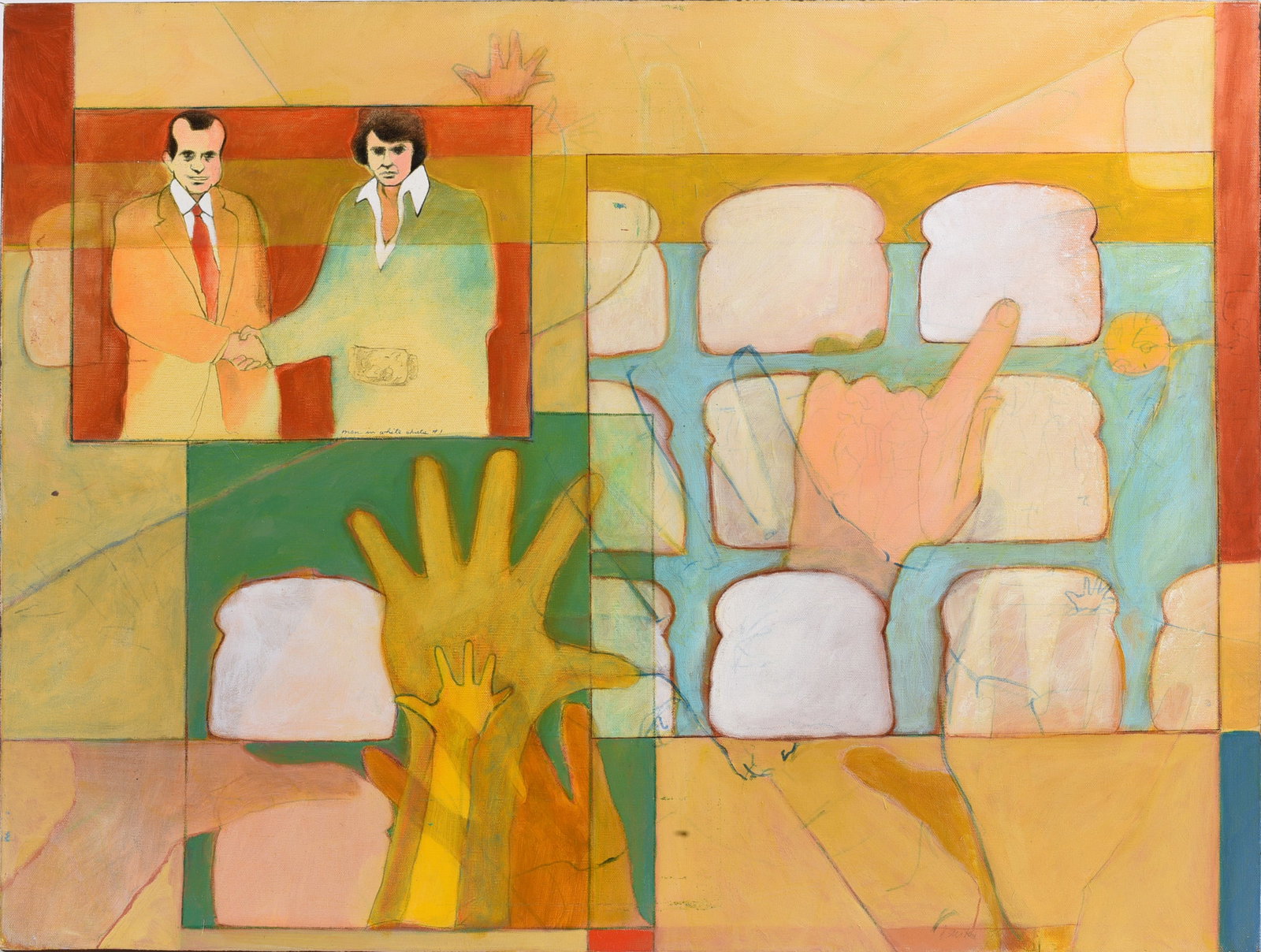 Painting with Elvis and Nixon: 30"x24" - With Elvis and Richard Nixon, signed lower right . please see photos for condition. All items are in estate condition We do offer in house shipping for items under 36" boxes 10"x10"x10" we c