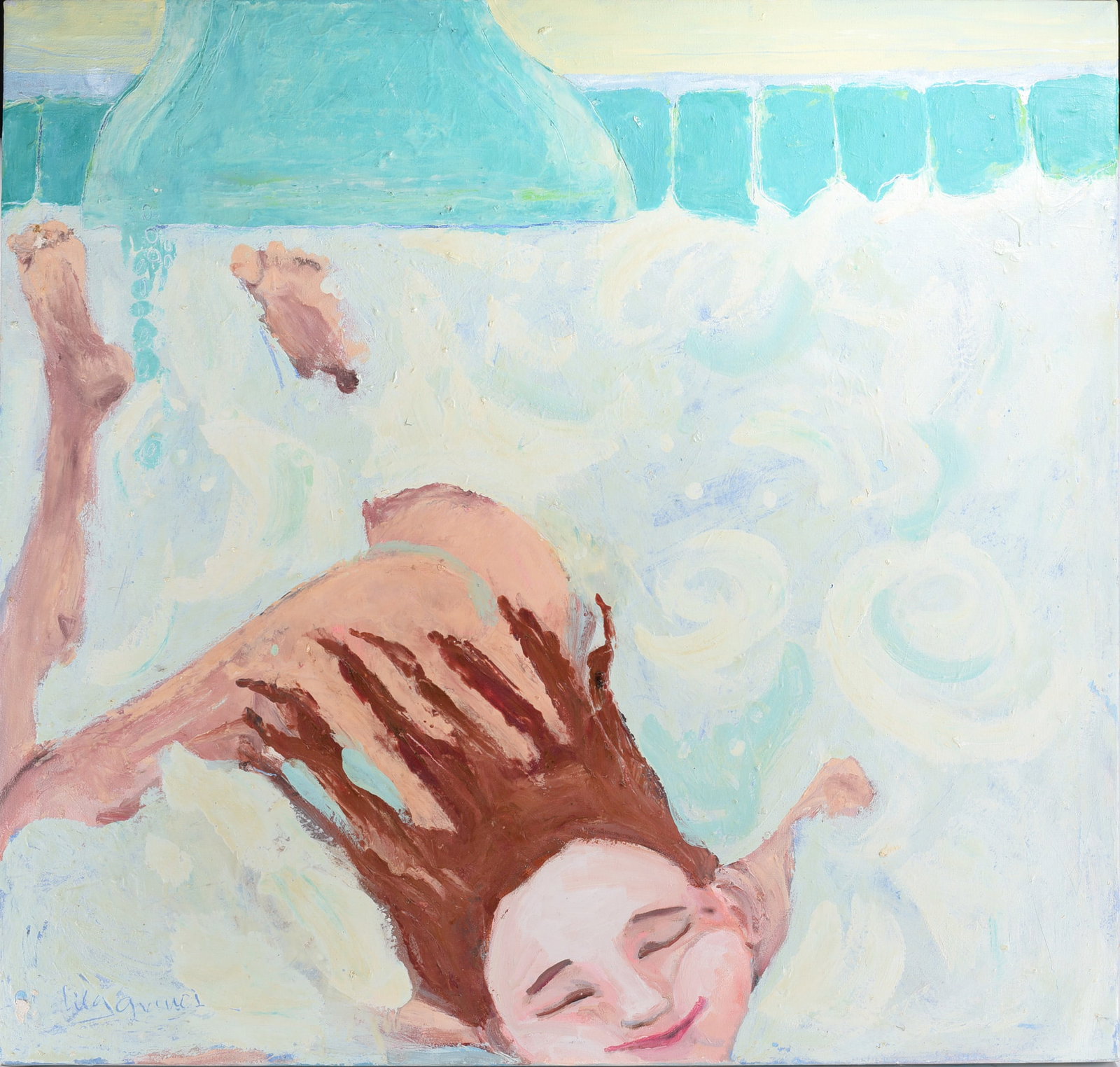 Swimming Girl Signed Painting: 36"x36" -- signed lower left. please see photos for condition. All items are in estate condition We do offer in house shipping for items under 36" boxes 10"x10"x10" we can ship for around $21. boxes 1