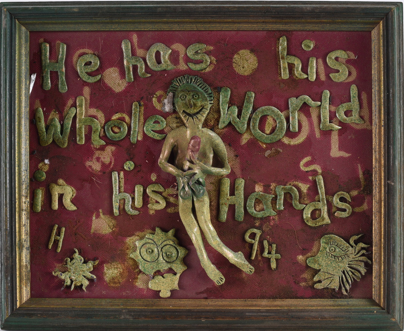 Helen King Mixed Media Art: 12"x9" --clay and paint. Framed. please see photos for condition. All items are in estate condition We do offer in house shipping for items under 36" boxes 10"x10"x10" we can ship for around $21. boxe