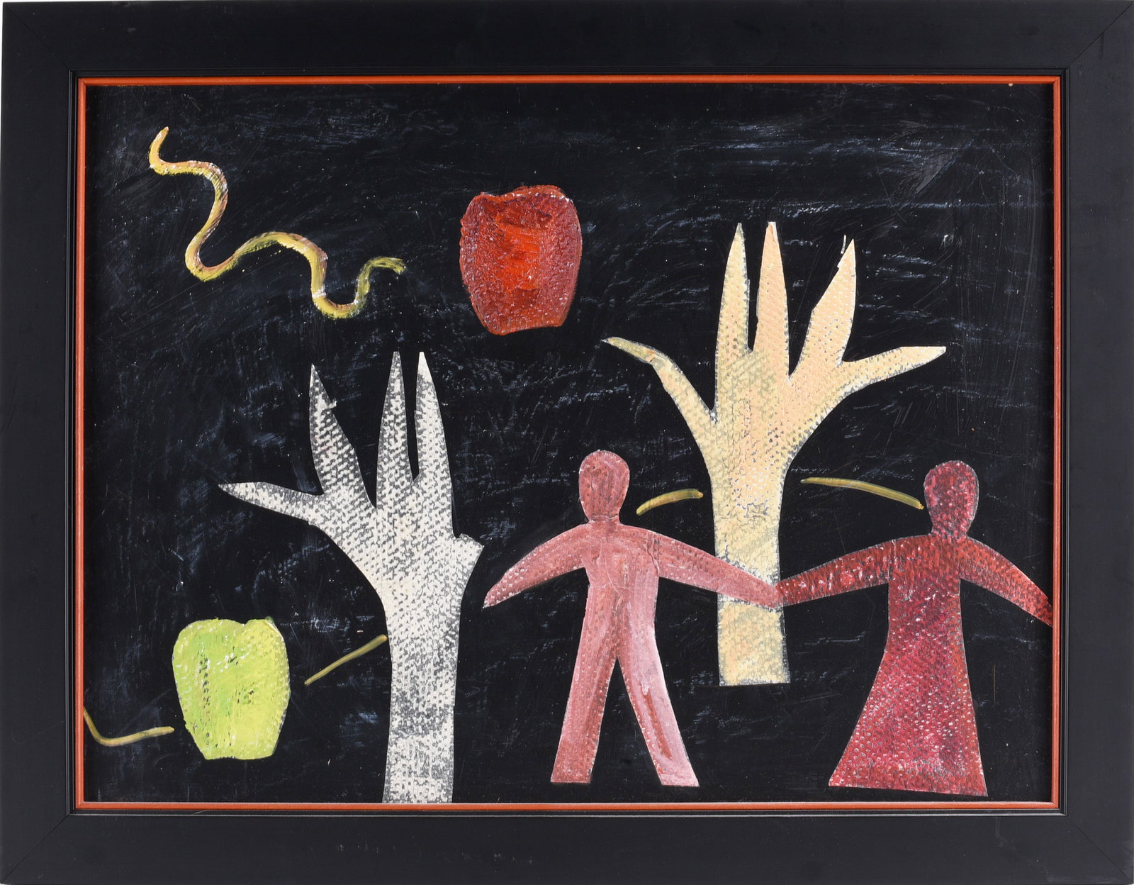 Folk Art Mixed Media: 27"X21"-- Painted texture paper on board. please see photos for condition. All items are in estate condition We do offer in house shipping for items under 36" boxes 10"x10"x10" we can ship for around 