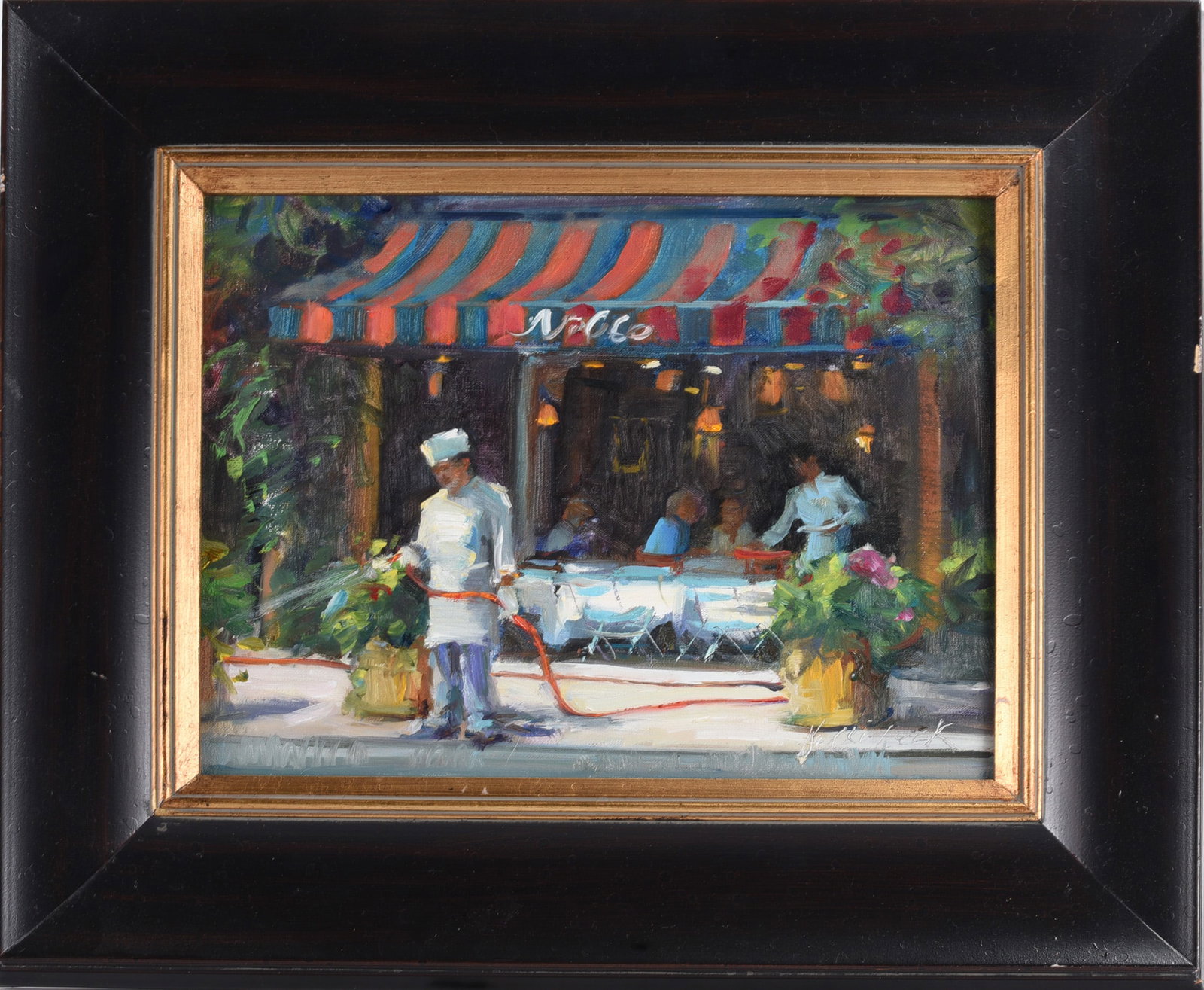 Street Scene Painting Signed: 14"x11" , framed to 21"x18" . Signed. please see photos for condition. All items are in estate condition We do offer in house shipping for items under 36" boxes 10"x10"x10" we can ship for around $21.