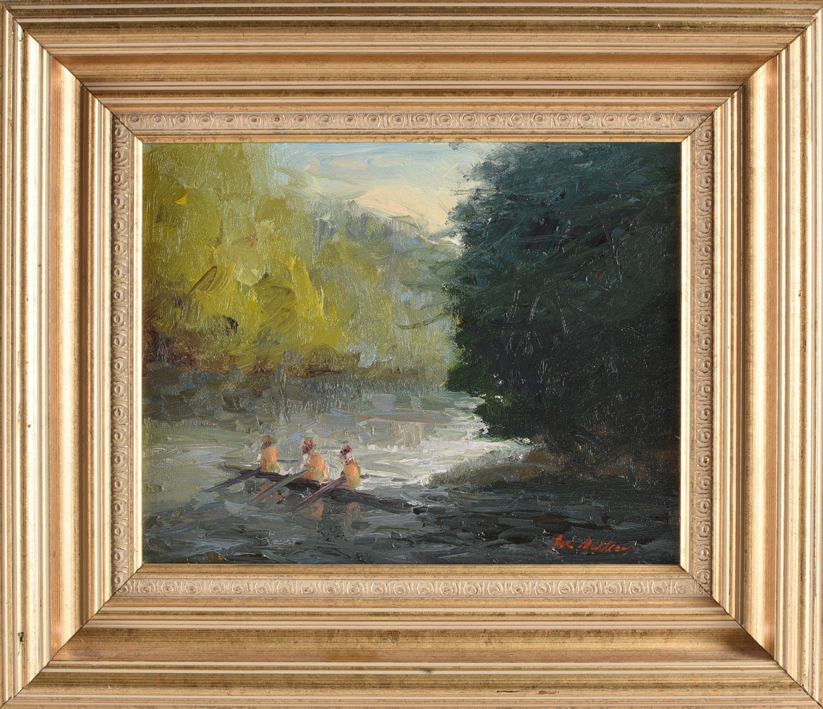 Joe Mullican Painting: 10"x8", framed 15"x13" - Signed by Joe Mullican, paint on canvas, signed. please see photos for condition. All items are in estate condition We do offer in house shipping for items under 36" boxes 10"