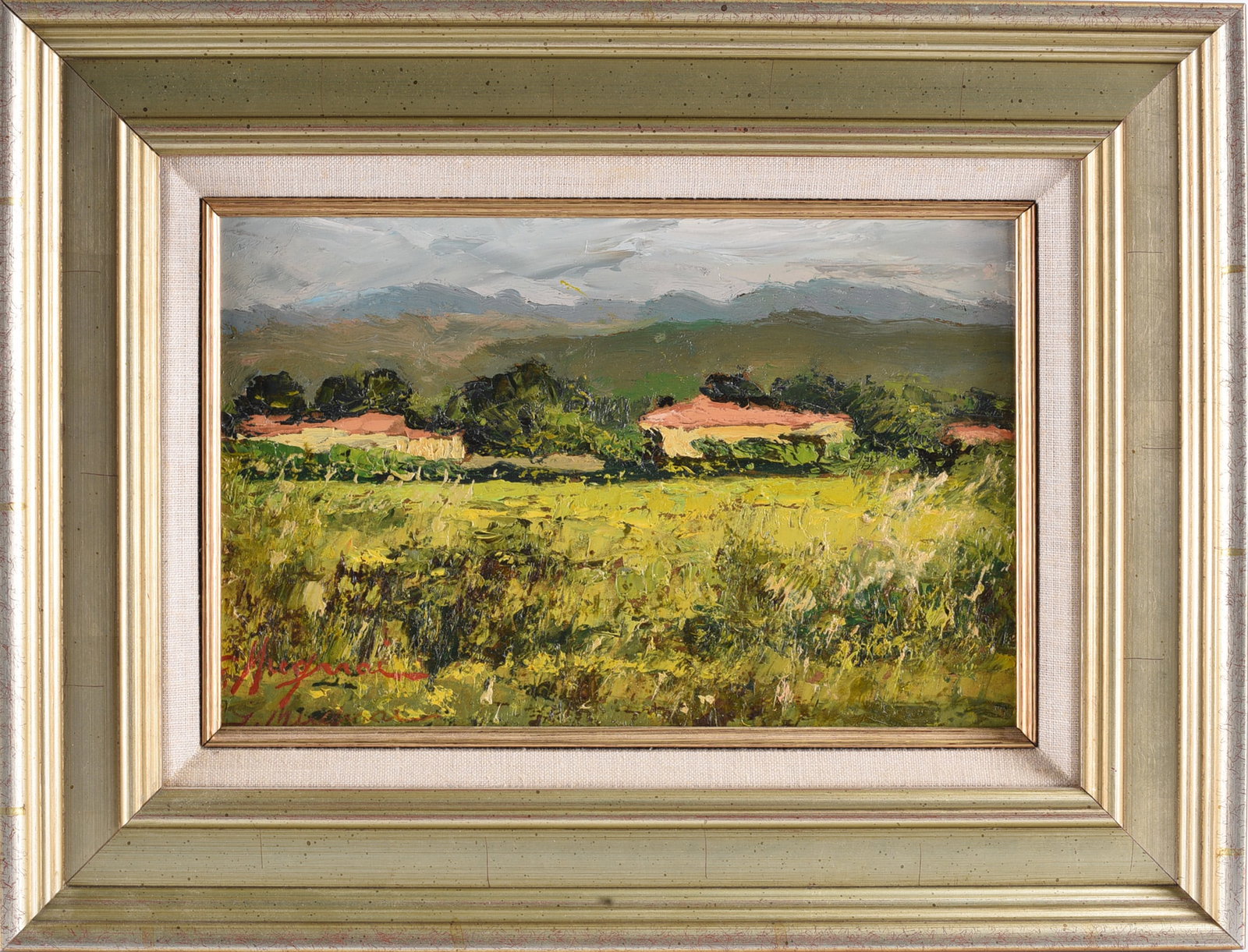 Mugnai Signed Painting: 11"x7", framed 17"x13" -- Titled " Tuscan Countryside" Signed by Giulio Mugnai (1912-2008). please see photos for condition. All items are in estate condition We do offer in house shipping for items u