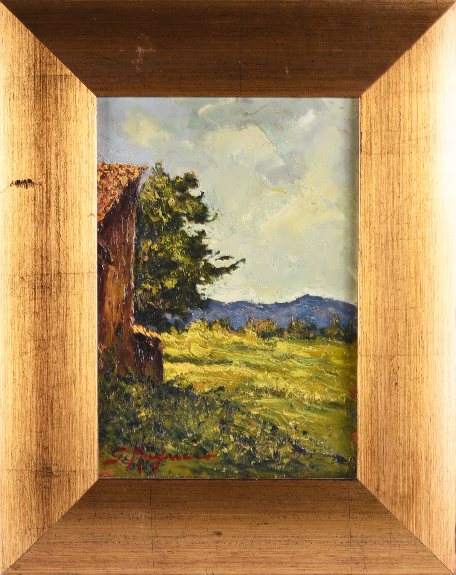 Oil Painting on Artist Board by Giulio Mugnai: 8"x11", framed to 14"x17" -- paint on artist board signed lower left. Framed. please see photos for condition. All items are in estate condition We do offer in house shipping for items under 36"