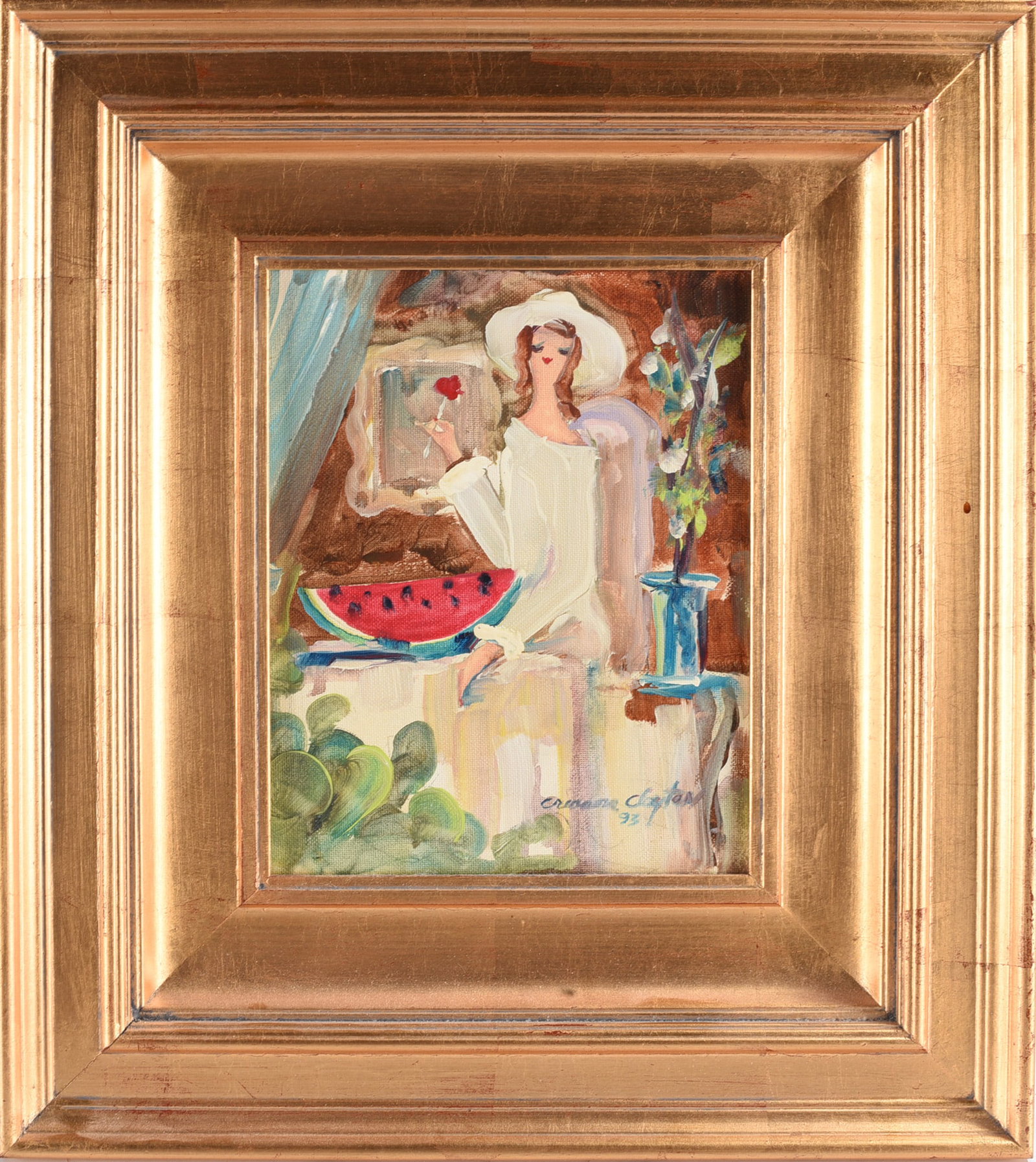 Oil Painting on Artist Board Creason Clayton: 8"x10", framed to 16"x18" by Creason Clayton, paint on artist board, signed. Titled "Watermelon Lady" 1993.Framed. please see photos for condition. All items are in estate condition We do offer in