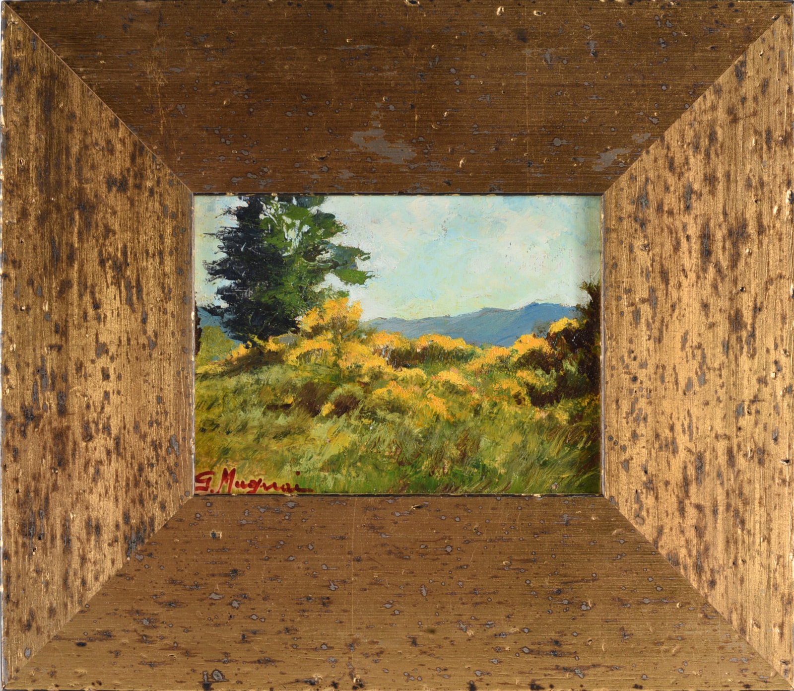 Oil on Board Signed: 7"x5", framed to 13"x11" -- Giulio Mugnai signed oil painting on board. Framed. please see photos for condition. All items are in estate condition We do offer in house shipping for items under 36"