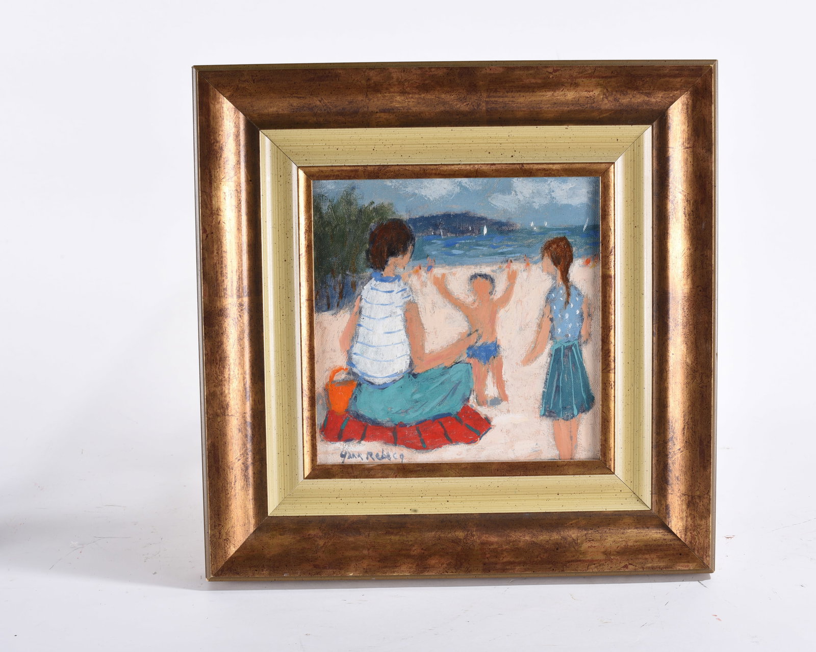 Oil Painting on Canvas: 8"x8", framed to 14x14" --signed by Yann Rebecq oil painting on canvas, framed. please see photos for condition. All items are in estate condition We do offer in house shipping for items under 36"