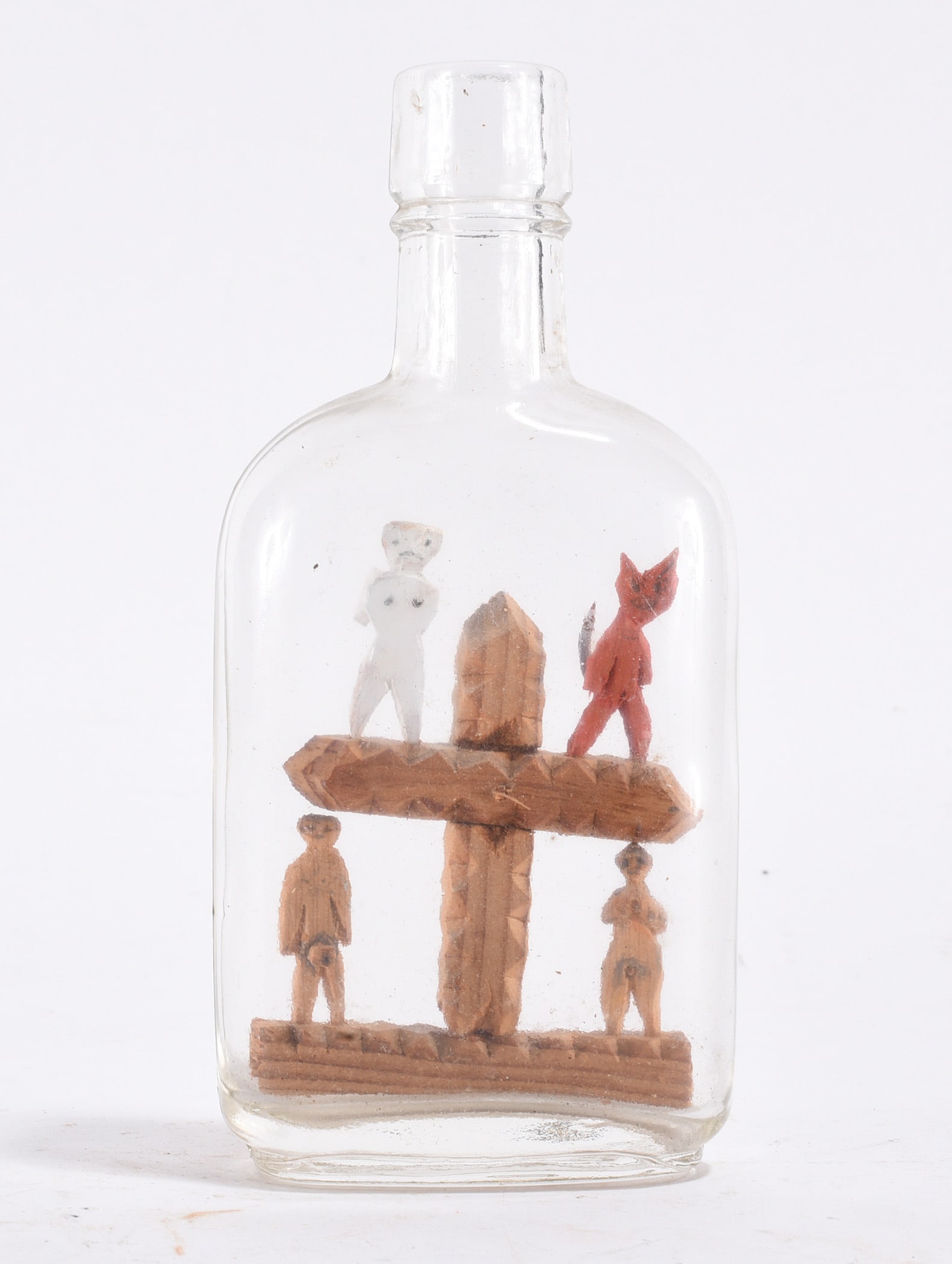 Bottle Folk Art: 7" -- carved wood bottle art. please see photos for condition. All items are in estate condition We do offer in house shipping for items under 36" boxes 10"x10"x10" we can ship for around $21. boxes 1