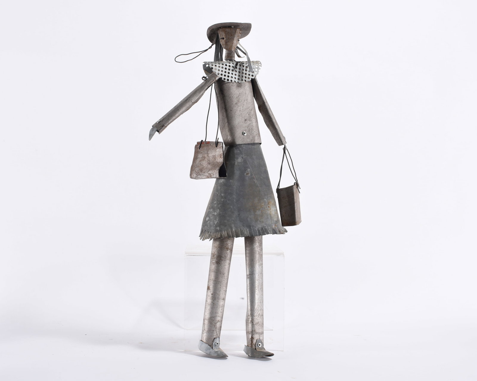 Folk Art Tin Sculpture: 20" -- folk art tin sculpture. please see photos for condition. All items are in estate condition We do offer in house shipping for items under 36" boxes 10"x10"x10" we can ship for around $21. boxes 
