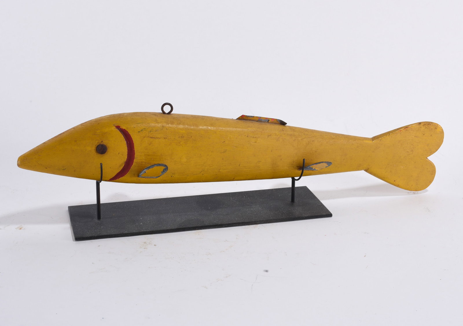 Folk Art Fish Decoy: 4" x16" -- -- fish decoy, wood and paint with weights. please see photos for condition. All items are in estate condition We do offer in house shipping for items under 36" boxes 10"x10"x10" we can shi