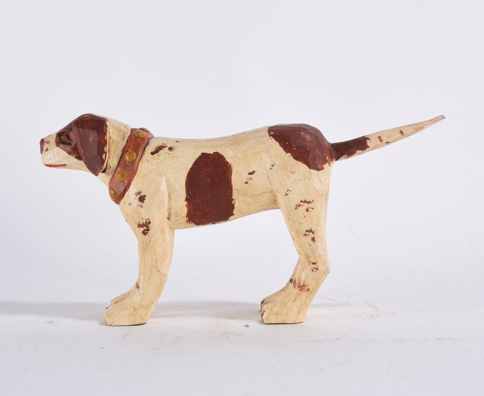 D & DS signed folk art Dog: 5"x10" -- carved wood and paint, signed D & DS. please see photos for condition. All items are in estate condition We do offer in house shipping for items under 36" boxes 10"x10"x10" we can ship for a