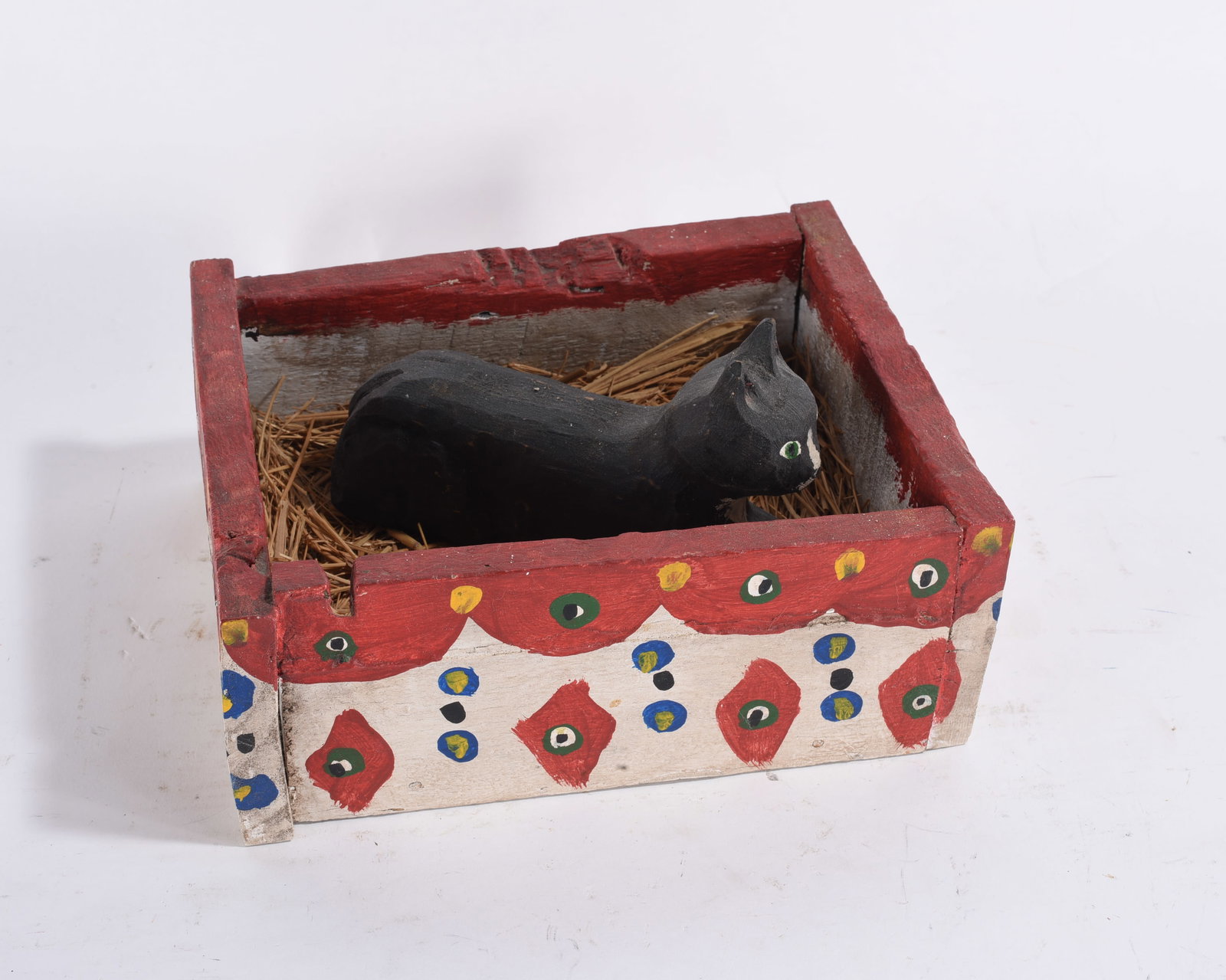 Folky Wood Carved Cat in a Box: 7"x9" -- cat in a box, wood carved cat in a box. please see photos for condition. All items are in estate condition We do offer in house shipping for items under 36" boxes 10"x10"x10" we can ship for 