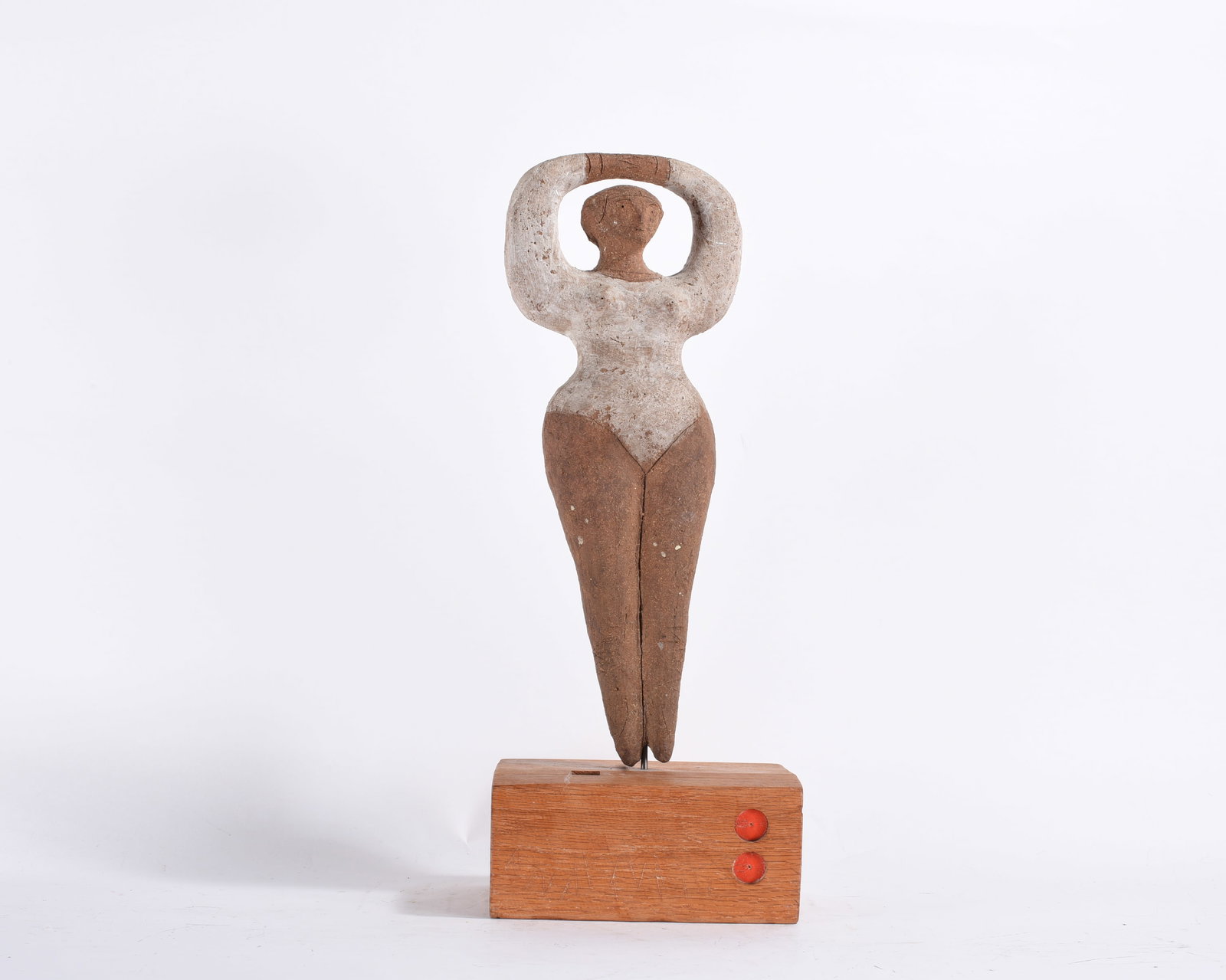 Modern Clay Art Dancer: 21"-- clay sculpture on base, signed. please see photos for condition. All items are in estate condition We do offer in house shipping for items under 36" boxes 10"x10"x10" we can ship for around $21.
