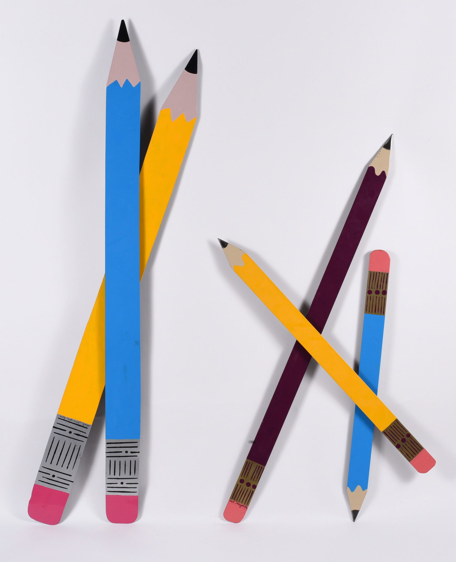 Brother Mel Painted Pencils: Largest 48"x9" -- painted pencils metal sculpture. Labled on back. please see photos for condition. All items are in estate condition We do offer in house shipping for items under 36" boxes 10"x10"x10