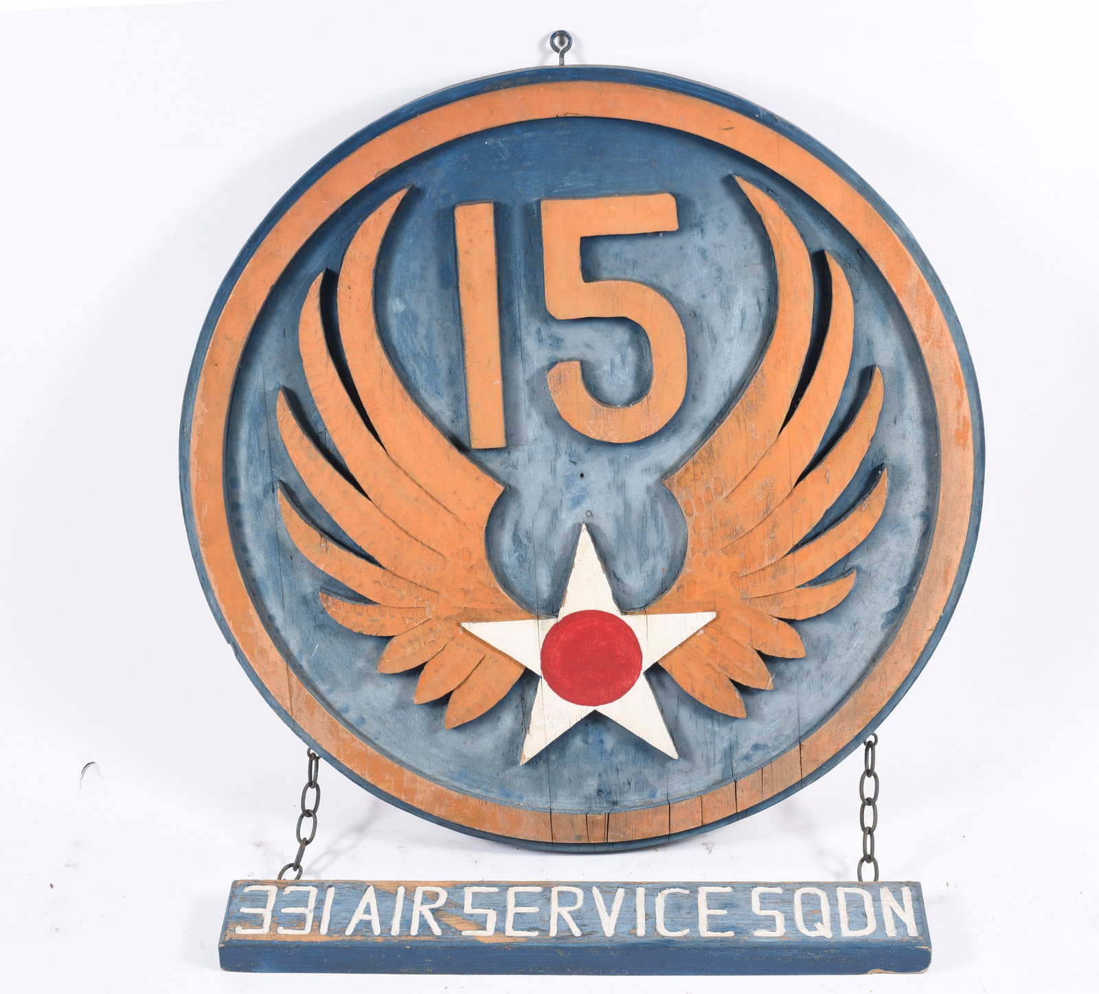 Carved Wooden Sign US Army 15th Air Force Badge: 32" diameter - folk carved sign. Large. please see photos for condition. All items are in estate condition We do offer in house shipping for items under 36" boxes 10"x10"x10" we can ship for around $2