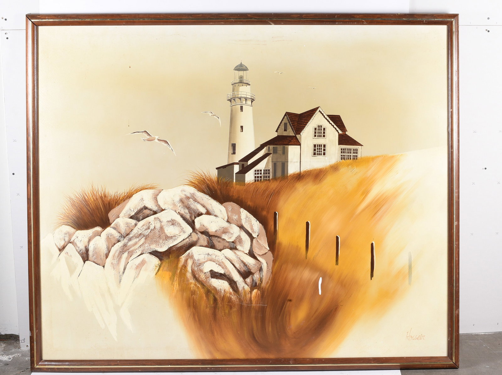 Large Painting on Canvas signed Houser: 63"x51" -- signed Houser painting on canvas. please see photos for condition. All items are in estate condition We do offer in house shipping for items under 36" boxes 10"x10"x10" we can ship for arou