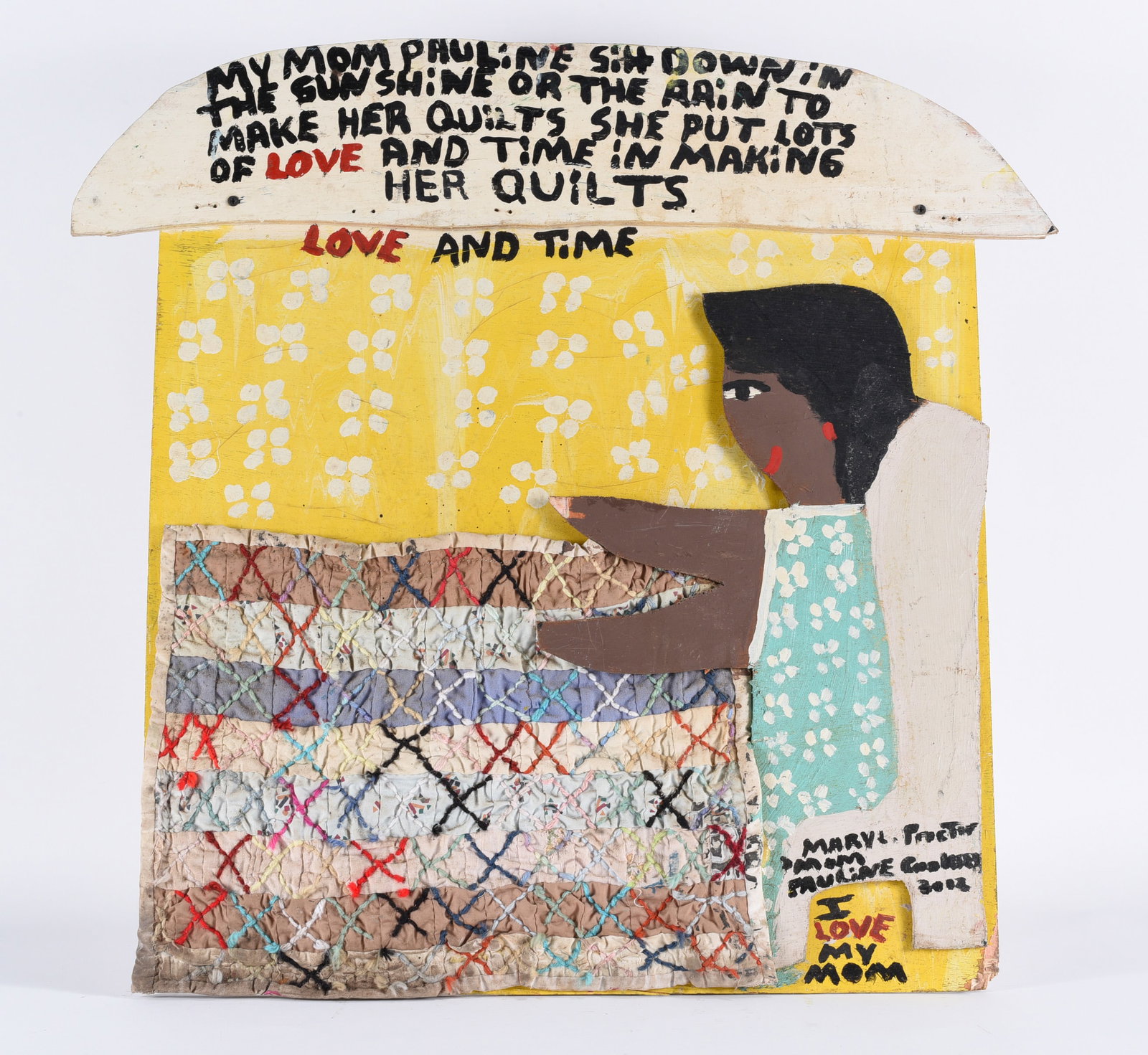 Mary Proctor Folk Art Painting: Mary Proctor Folk Art Painting 29"x28" Outstanding painted collage with a miniature quilt made of real fabric. Paint on wood, with applied cutout angel. Signed lower right. all pottery in this auction