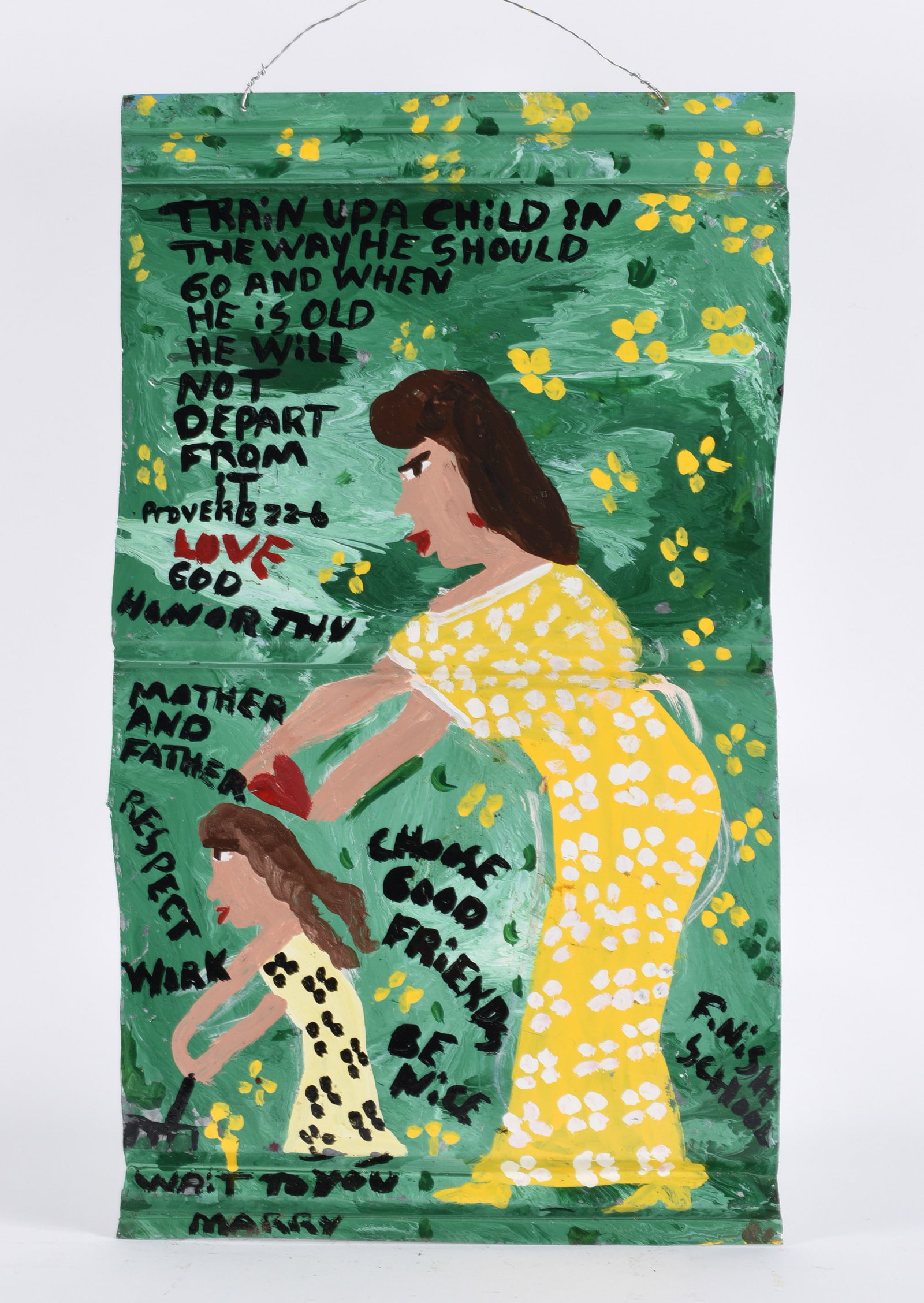 Mary Proctor Folk Art Painting: Mary Proctor Folk Art Painting 16"x27" Paint on roof tin. Signed lower left. all pottery in this auction is mint as fired condition with no repairs or cracks in the body. please see photos for conditi