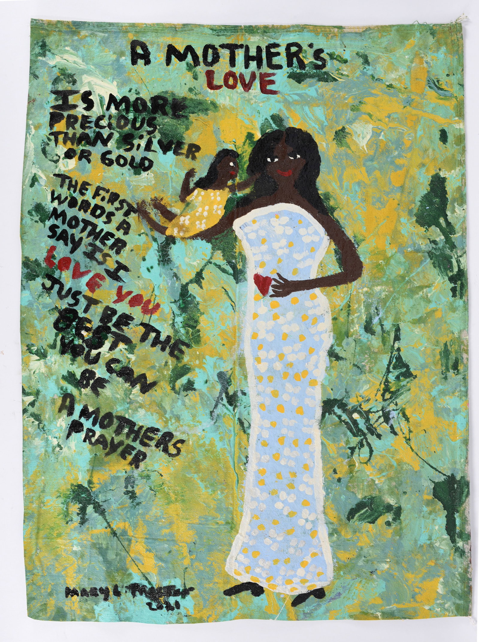 Mary Proctor Folk Art Painting: Mary Proctor Folk Art Painting 23"x32" Paint on drop cloth. Dated 2021. Signed lower left. all pottery in this auction is mint as fired condition with no repairs or cracks in the body. please see phot