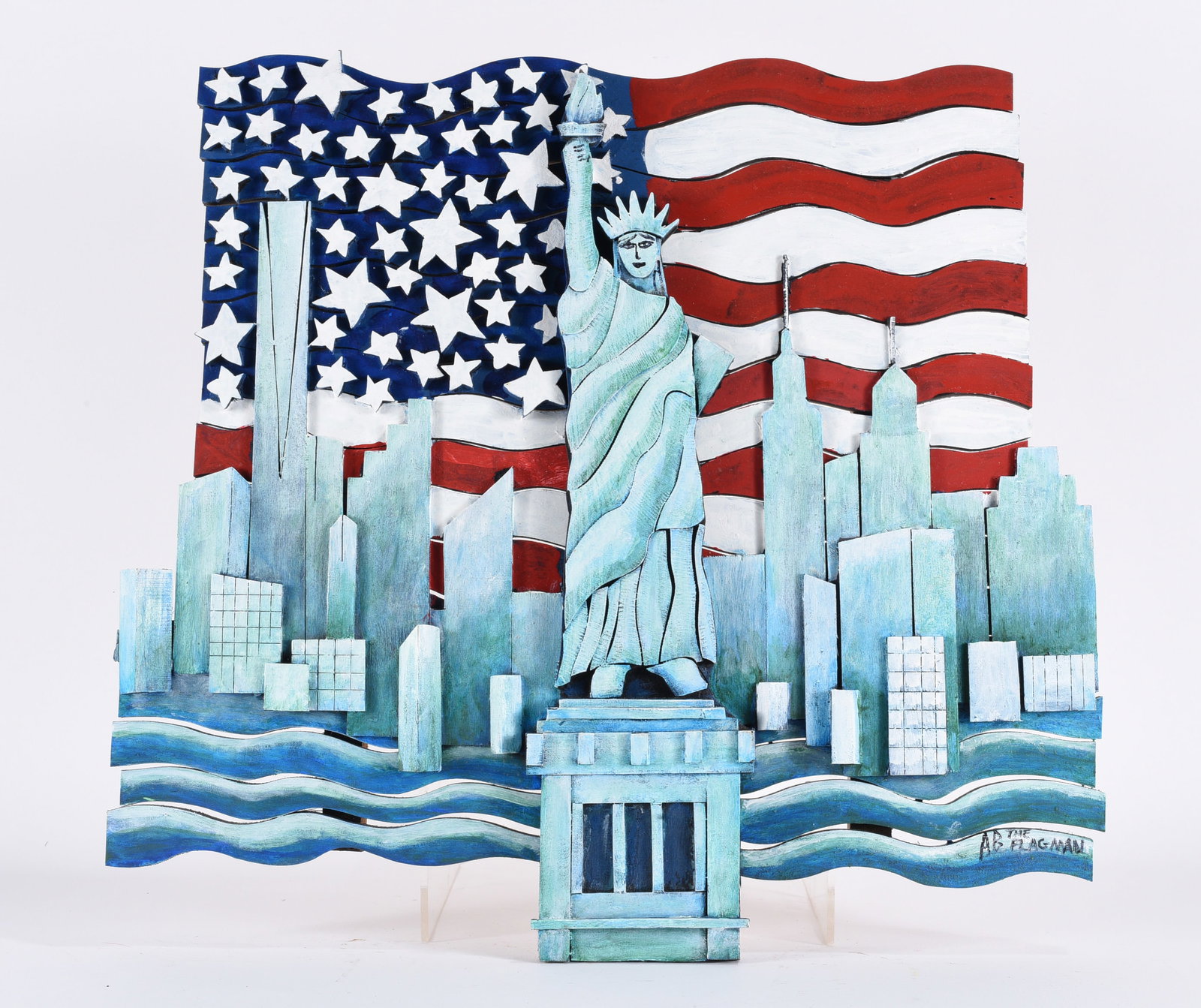 Ab The Flagman City Flag: Ab The Flagman City Flag 24"x22" Outstanding flag with Statue of Liberty and New York scene. Colors are vibrant. Signed lower right. all pottery in this auction is mint as fired condition with no repa