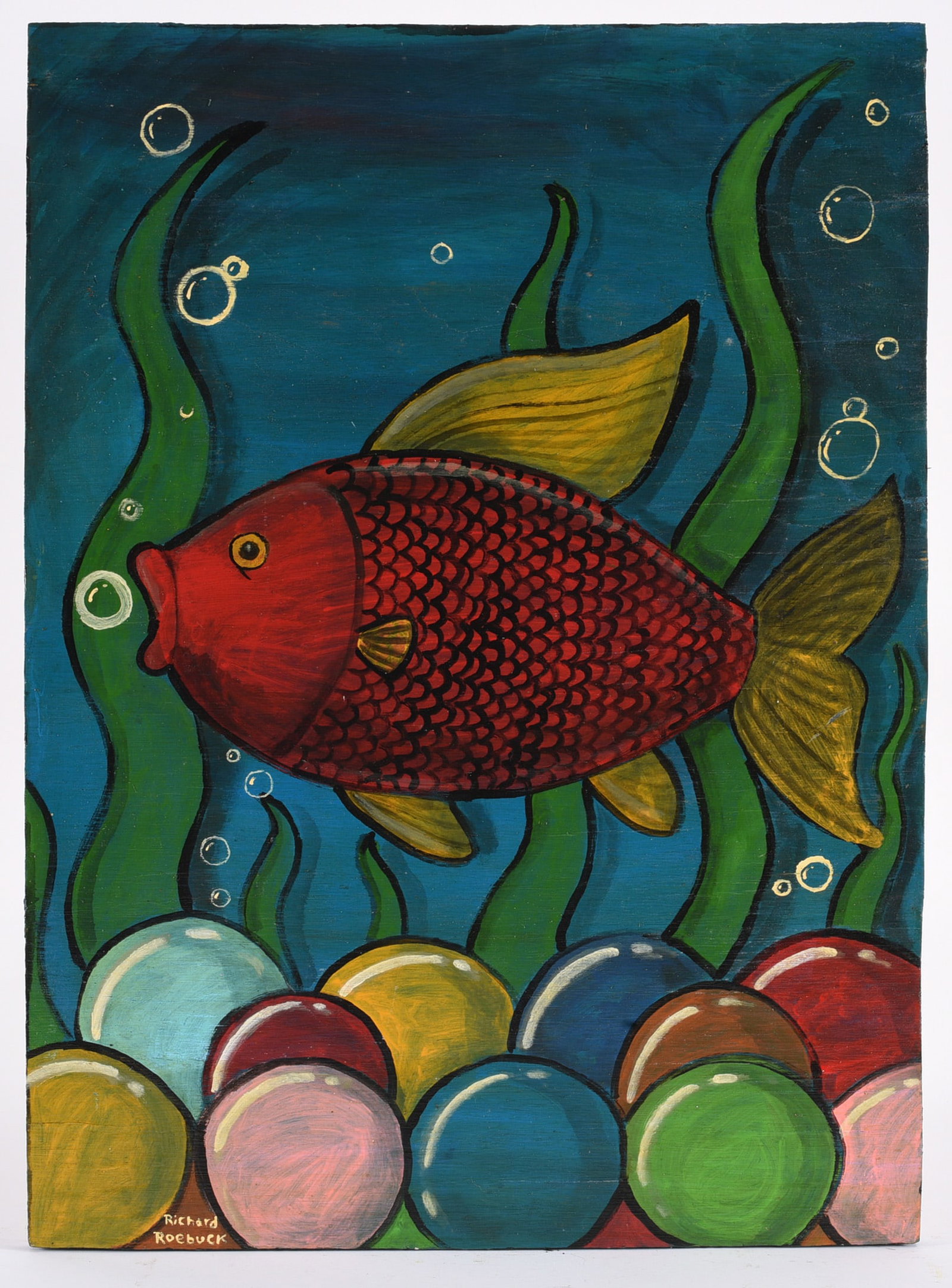 Richard Roebuck Folk Art Painting: Richard Roebuck Folk Art Painting 15"x21" Paint on plywood signed lower left. all pottery in this auction is mint as fired condition with no repairs or cracks in the body. please see photos for condit