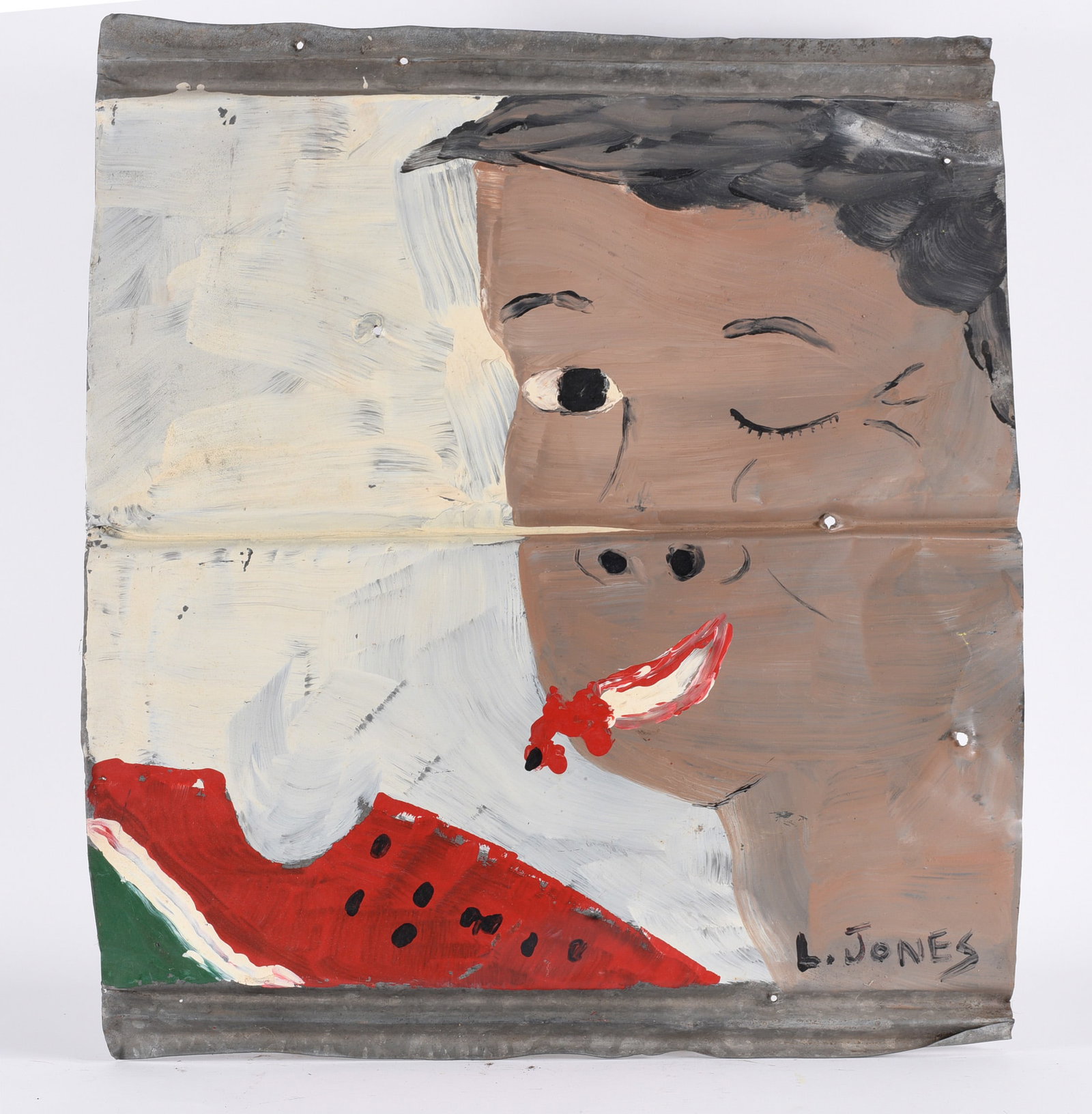 Leonard Jones Folk Art Painting on Tin: Leonard Jones Folk Art Painting on Tin 33"x26" Paint on roof tin, signed lower right. all pottery in this auction is mint as fired condition with no repairs or cracks in the body. please see photos fo