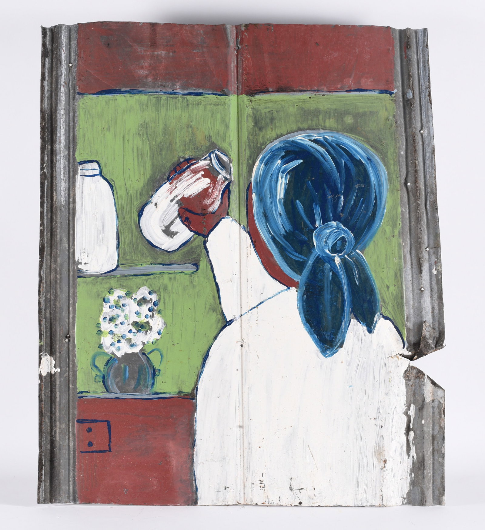 Leonard Jones Folk Art Painting on Tin: Leonard Jones Folk Art Painting on Tin 27"x33" Paint on roof tin, woman grabbing milk bottles off shelf. all pottery in this auction is mint as fired condition with no repairs or cracks in the body. p