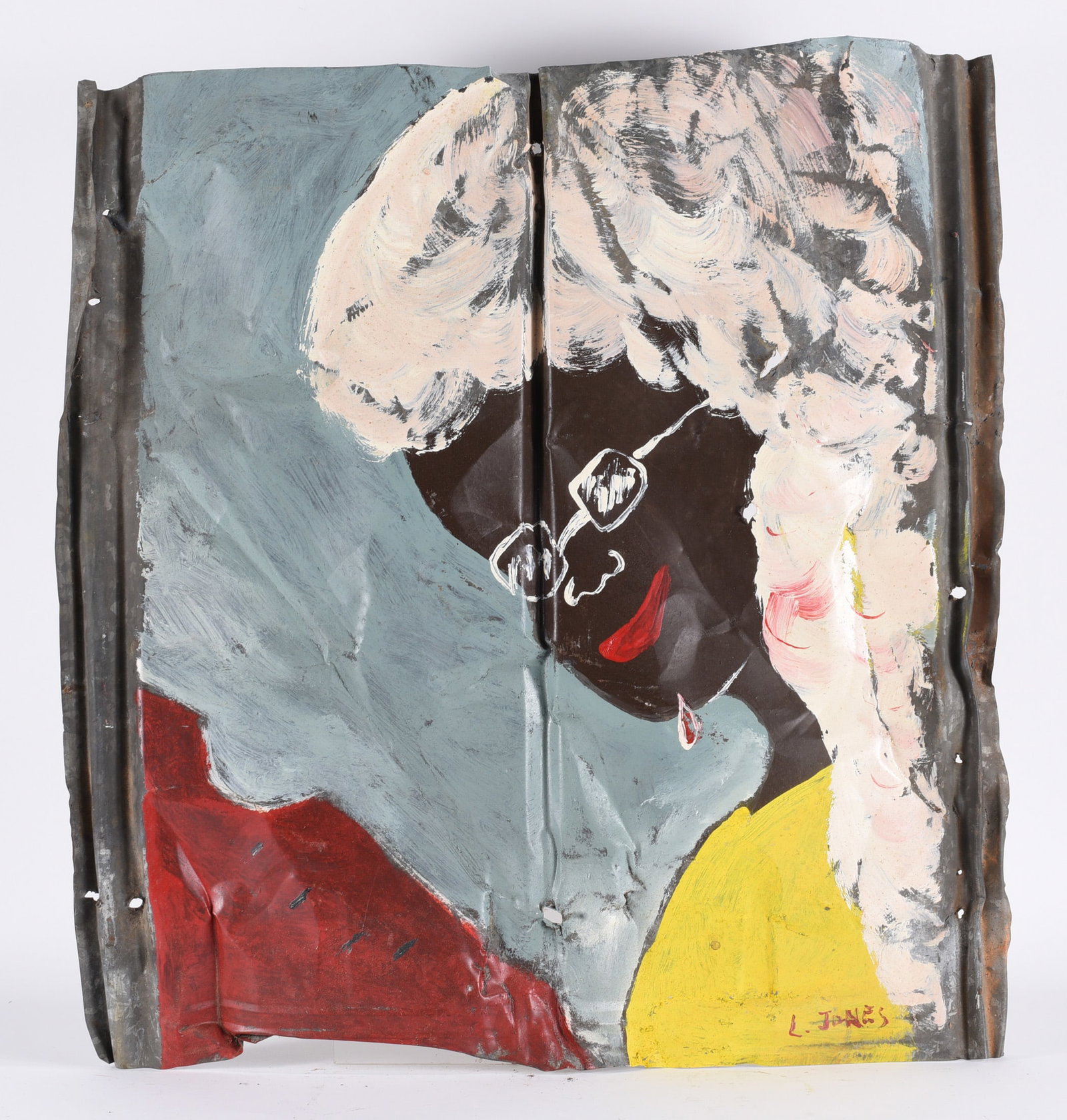 Leonard Jones Folk Art Painting on Tin: Leonard Jones Folk Art Painting on Tin 26"x27" Paint on roof tin, signed lower right. all pottery in this auction is mint as fired condition with no repairs or cracks in the body. please see photos fo