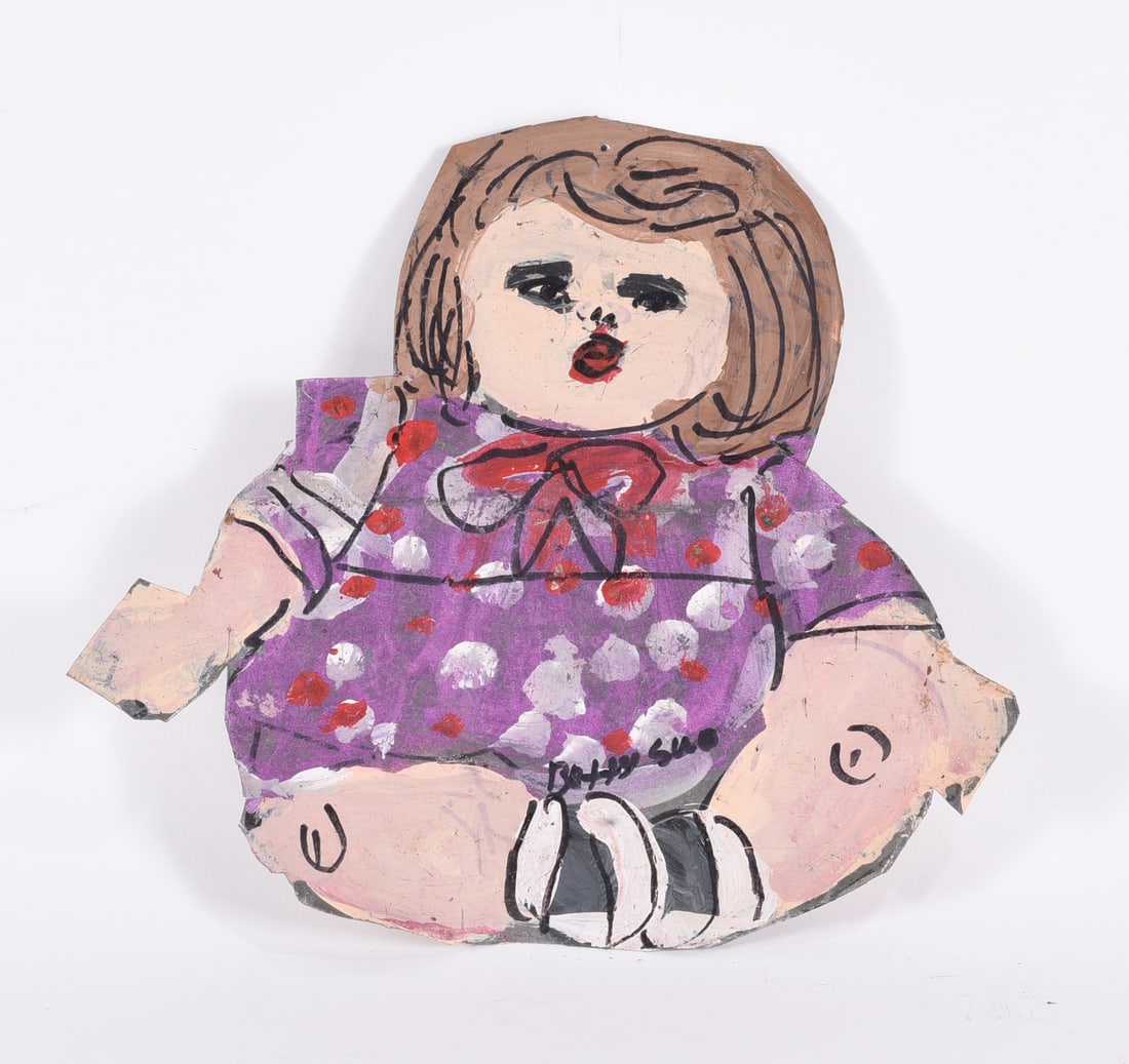 Betty Sue Matthews Folk Art Painted Tin: Betty Sue Matthews Folk Art Painted Tin 11"x10" Signed in middle, paint on cutout tin. all pottery in this auction is mint as fired condition with no repairs or cracks in the body. please see photos f