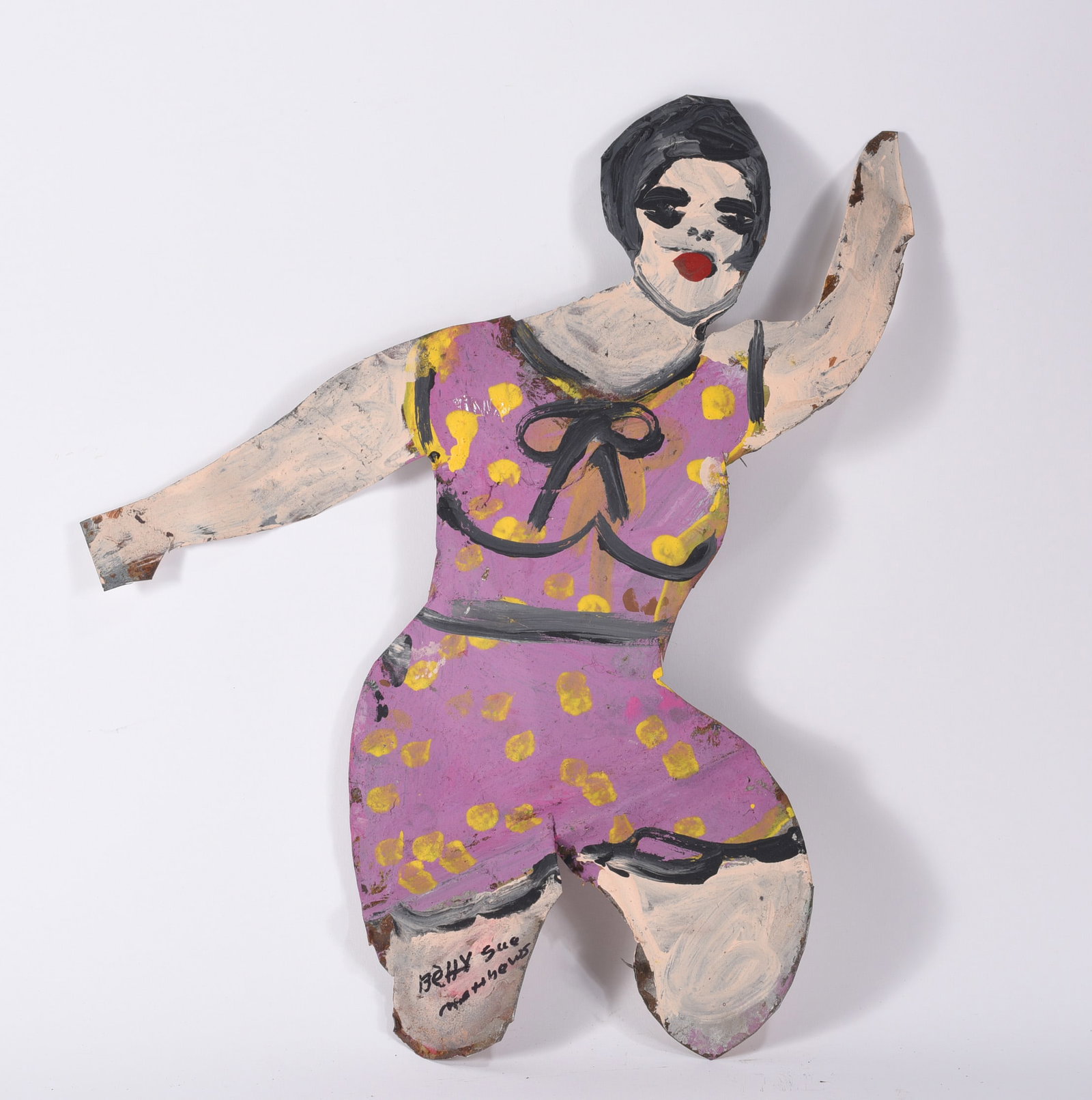 Betty Sue Matthews Folk Art Painted Tin: Betty Sue Matthews Folk Art Painted Tin 15"x17" Paint on cut tin. Signed lower left. all pottery in this auction is mint as fired condition with no repairs or cracks in the body. please see photos for
