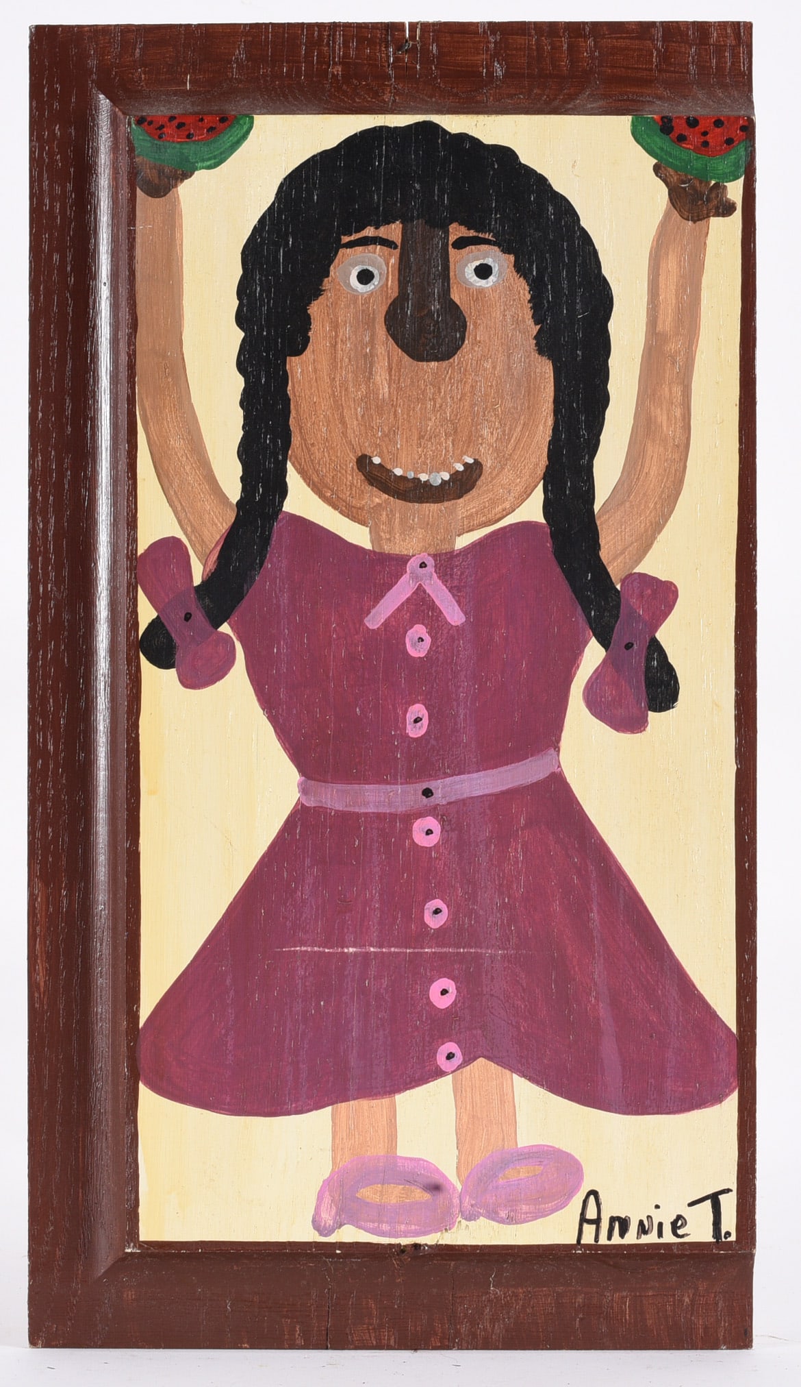 Annie Tolliver Folk Art Painting: Annie Tolliver Folk Art Painting 10"x19" Signed lower right. Paint on wood board. all pottery in this auction is mint as fired condition with no repairs or cracks in the body. please see photos for co