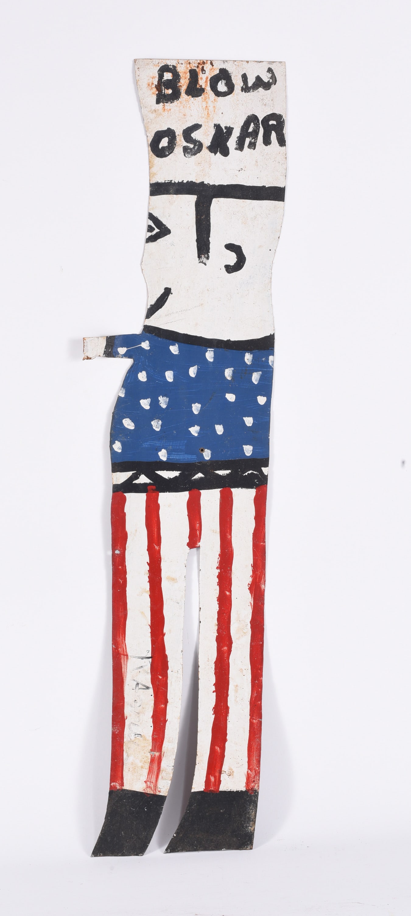 RA Miller Blow Oskar Tin Cutout: RA Miller Blow Oskar Tin Cutout 9"x37" Cutout tin. Painted and signed by RA Miller. all pottery in this auction is mint as fired condition with no repairs or cracks in the body. please see photos for 