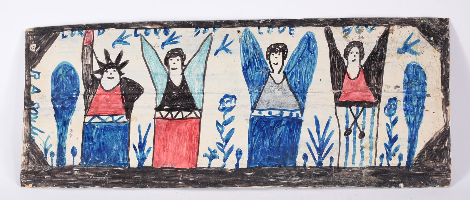 RA Miller Folk Art Drawing on Tin: RA Miller Folk Art Drawing on Tin 21"x8.5" Marker and paint on roof tin. Signed left side. all pottery in this auction is mint as fired condition with no repairs or cracks in the body. please see phot